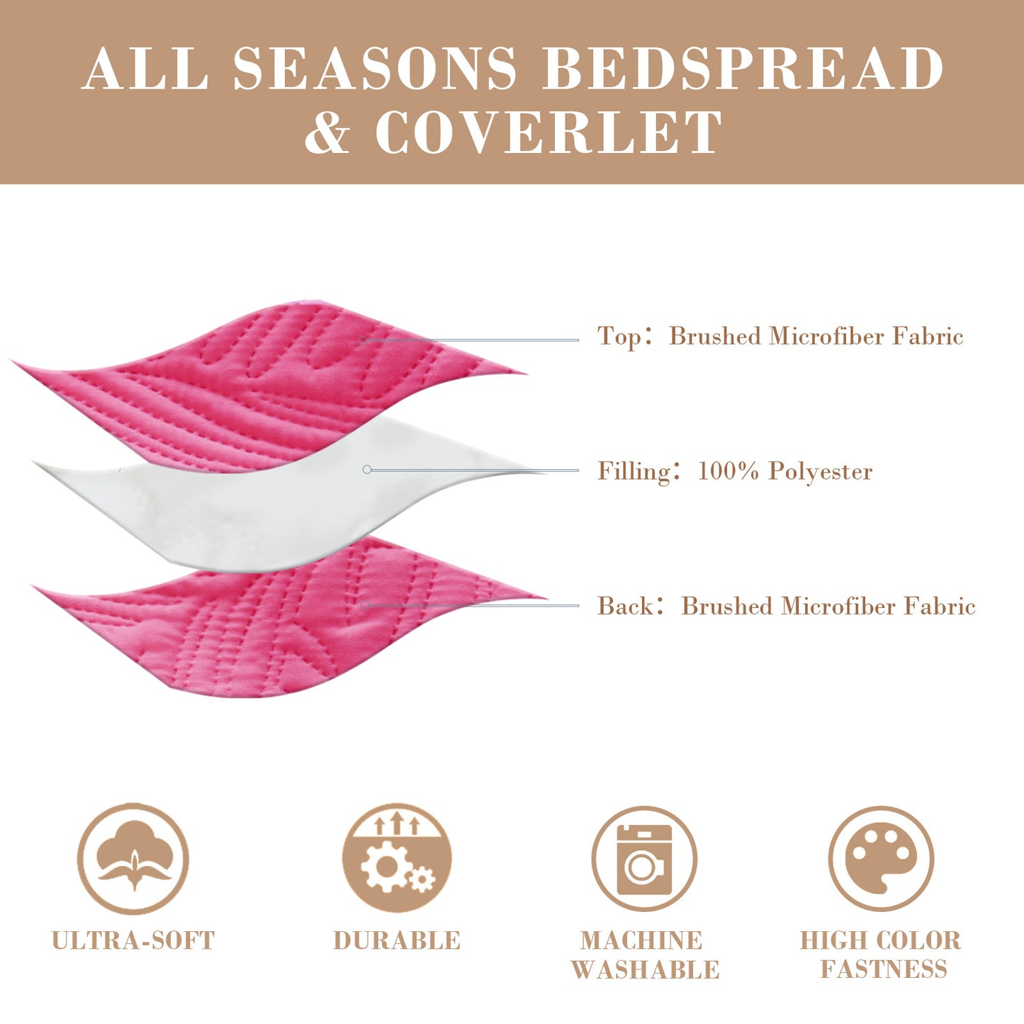 Exclusivo Mezcla Full Queen Quilt Set Hot Pink, Lightweight Bedspread Leaf Pattern Bed Cover Soft Coverlet Bedding Set(1 Quilt, 2 Pillow Shams)