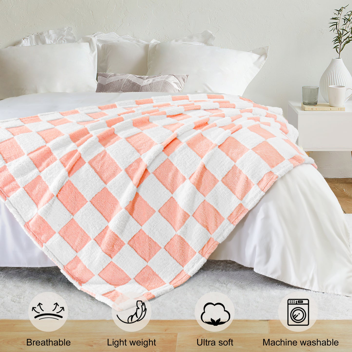 Exclusivo Mezcla Fleece Blanket Queen, Cozy Lightweight Fuzzy Checkered Blanket for Bed, Suitable for All Season, Pink, 90" x 90"