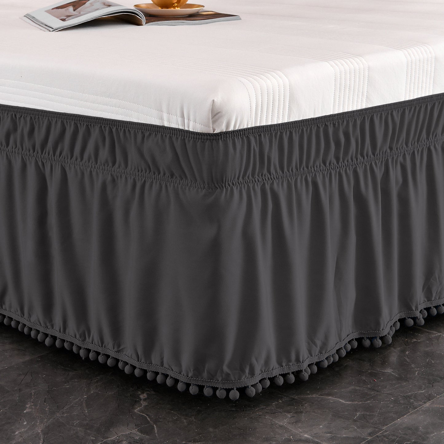 Exclusivo Mezcla Pom Pom Bed Skirt with Adjustable Elastic Belt, Easy Wrap Around Dust Ruffles with 16 Inch Tailored Drop, Wrinkle and Fade Resistant, (Full, Grey)