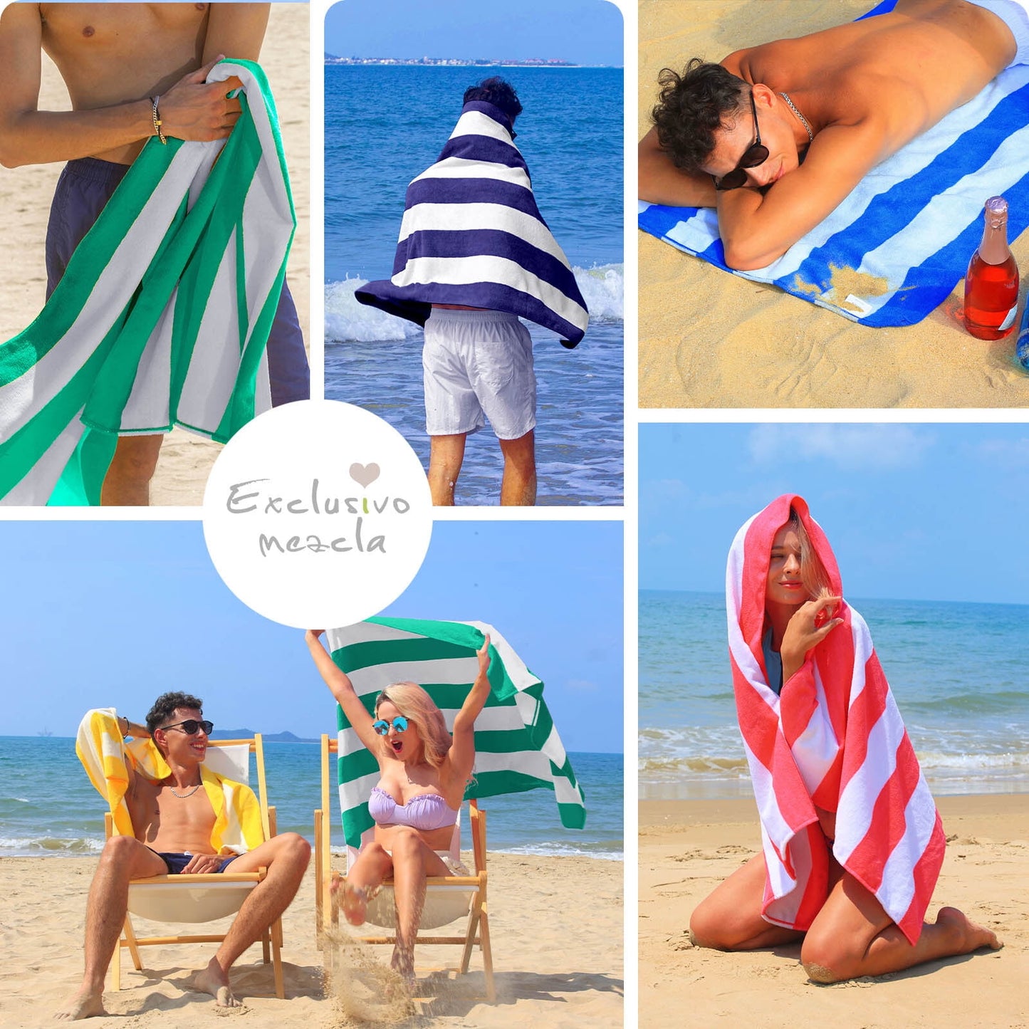 Exclusivo Mezcla 4-Pack Large Cabana Stripe Lightweight Soft Microfiber Beach Towels, Highly Absorbent Travel Pool Towel(Navy/Blue/Pink/Caribbean Green,30"x60")