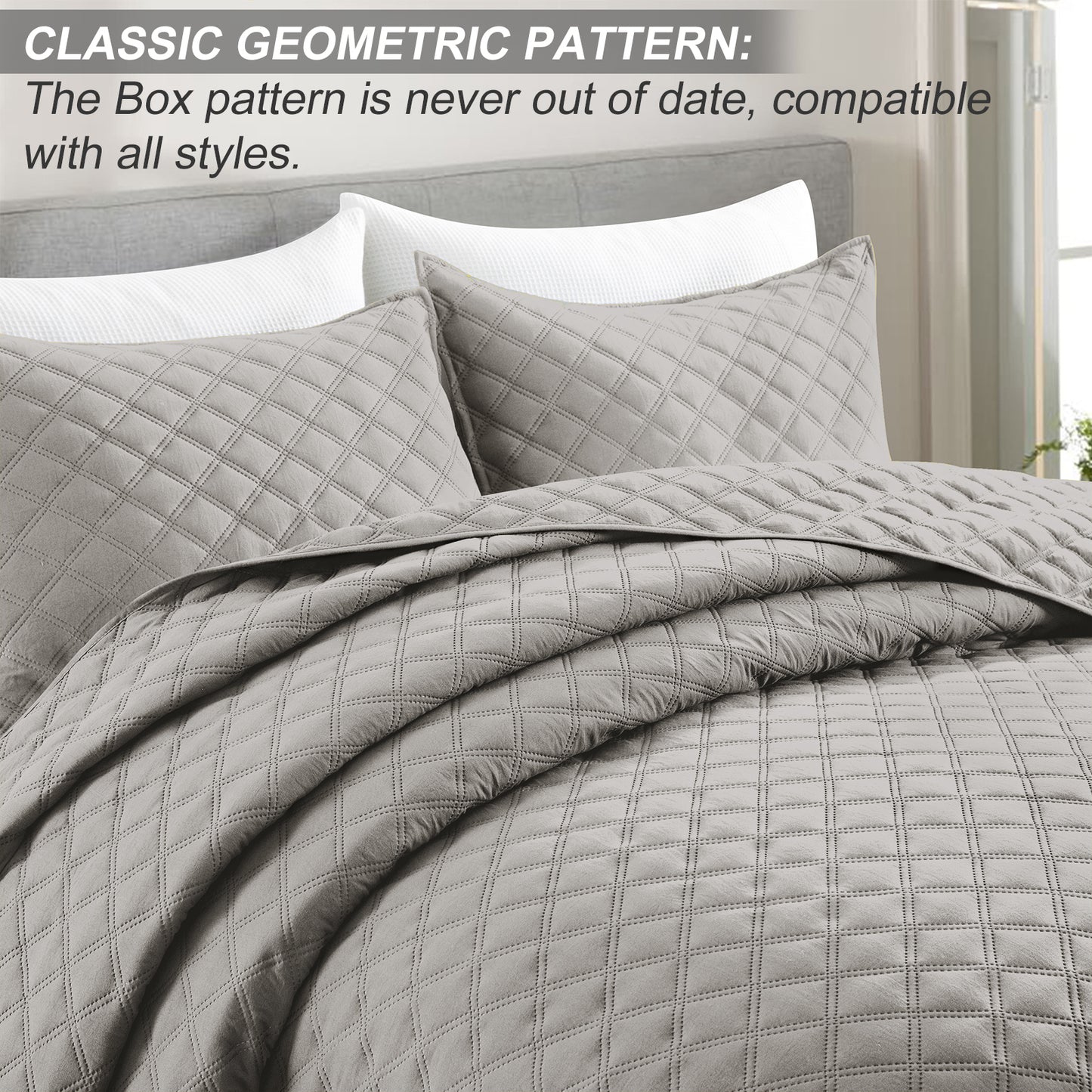 Exclusivo Mezcla 3-Piece Light Gray Queen Size Quilt Set, Box Pattern Ultrasonic Lightweight and Soft Quilts/Bedspreads/Coverlets/Bedding Set (1 Quilt, 2 Pillow Shams) for All Seasons