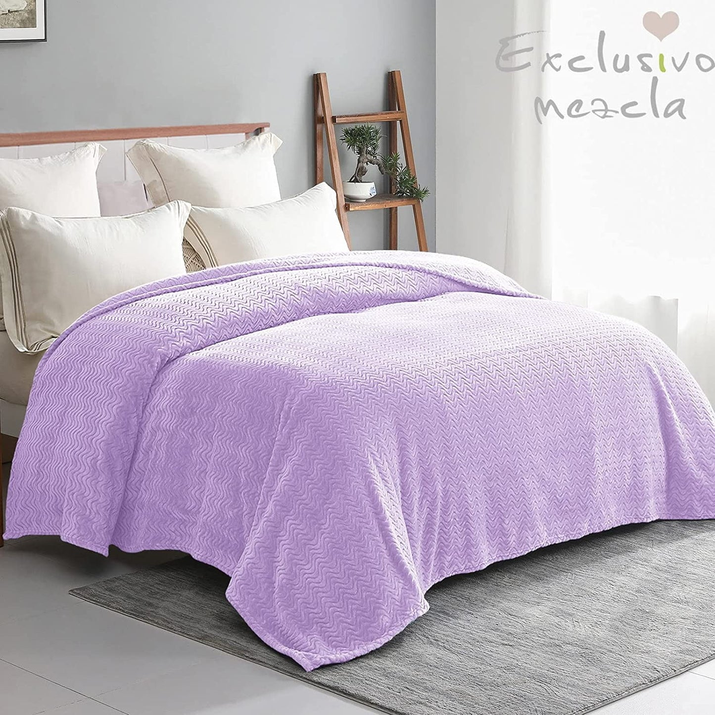 Exclusivo Mezcla King Size Jacquard Weave Wave Pattern Flannel Fleece Velvet Plush Bed Blanket as Bedspread/Coverlet/Bed Cover (90" x 104",Light Purple) - Soft, Lightweight, Warm and Cozy