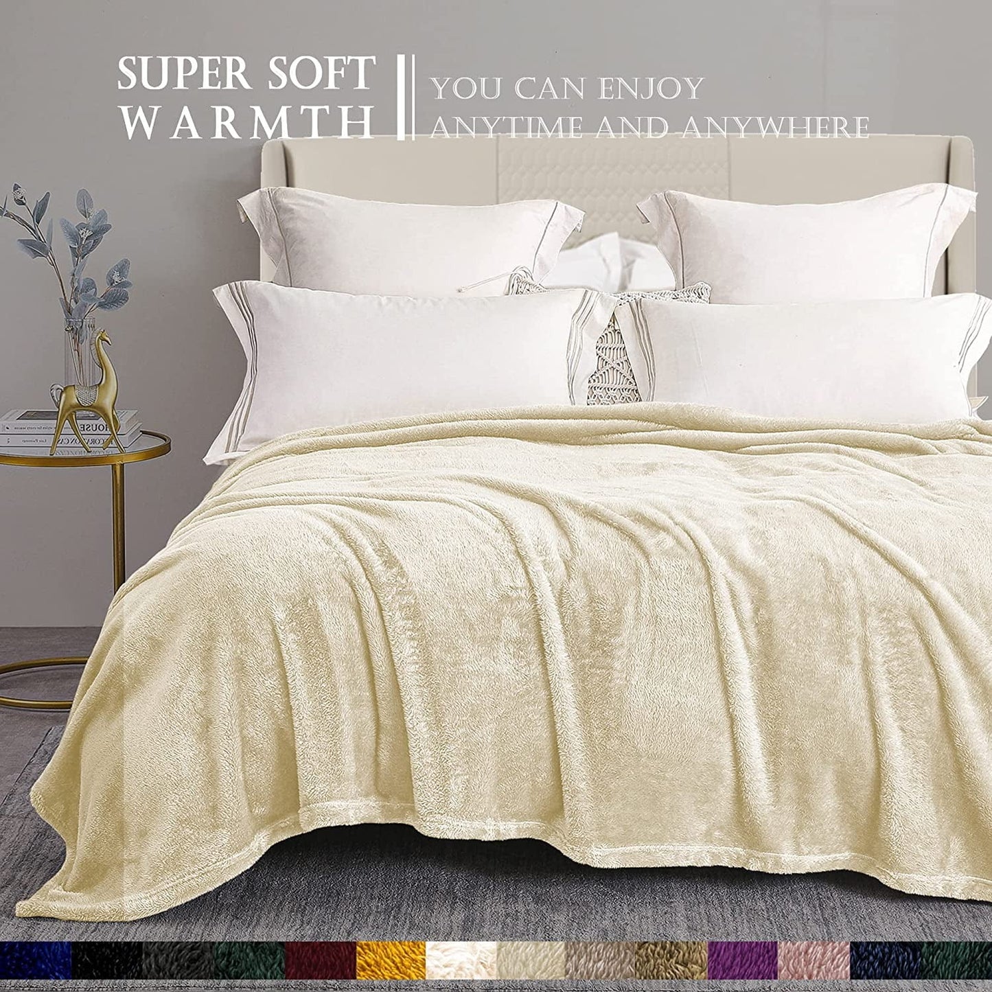 Exclusivo Mezcla Plush Fuzzy Fleece Queen Size Bed Blanket, Super Soft Fluffy and Thick Blankets for Travel Bed and Couch (Beige, 90x90 inches)