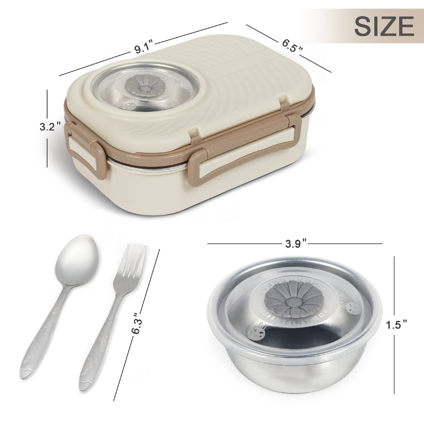 Exclusivo Mezcla Stainless Steel Bento Lunch Box for Kids and Adults,Stackable BPA-Free Food Containers with 3 Compartments and Reusable Sauce Bowl, Fork and Spoon, (1000ml/34oz, Cream)
