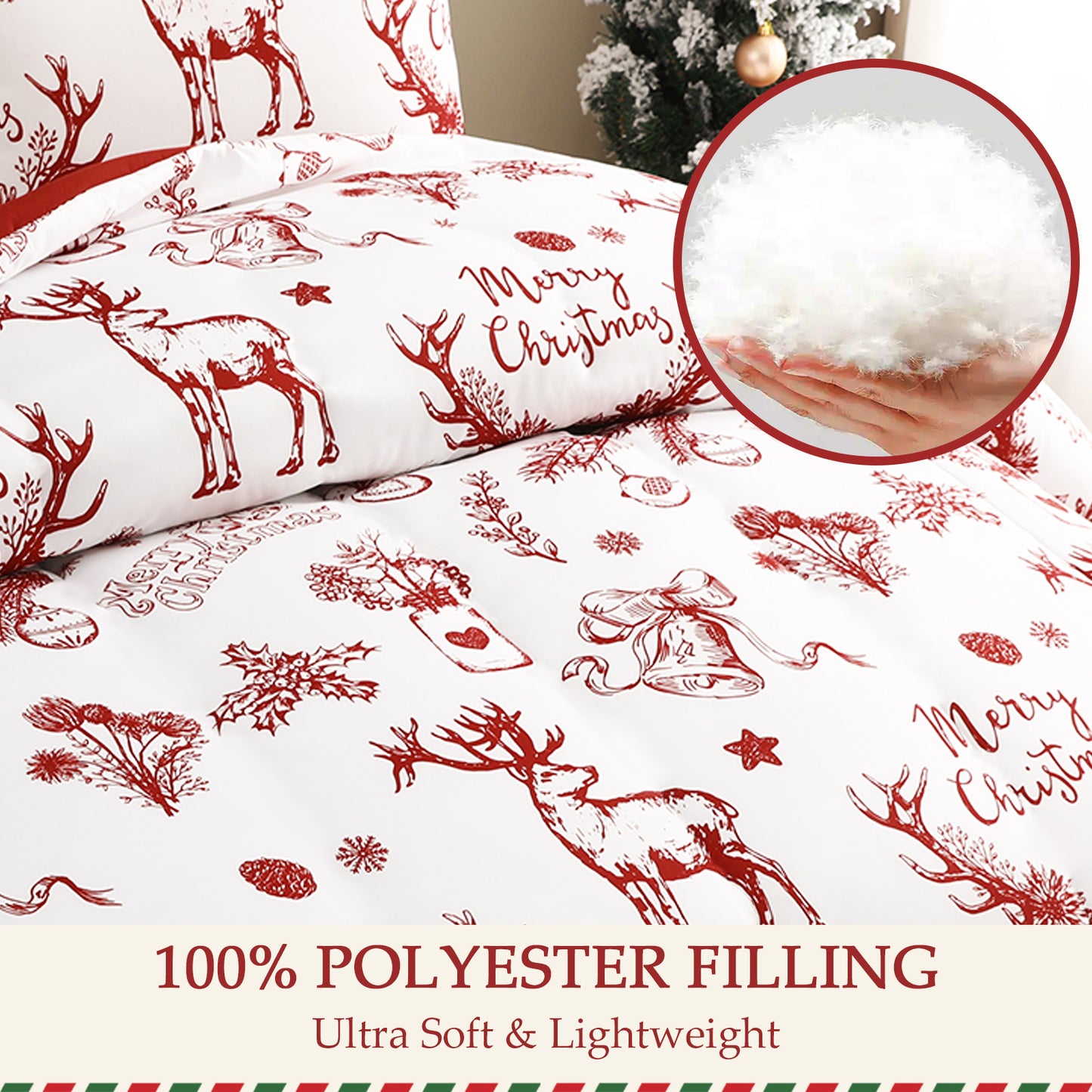 Exclusivo Mezcla Christmas Comforter Set Queen Size, Reversible White and Rust Red Down Alternative Comforter Sets, Printed with Christmas Reindeer Wreaths Pattern, for Holiday Decoration and Gifts