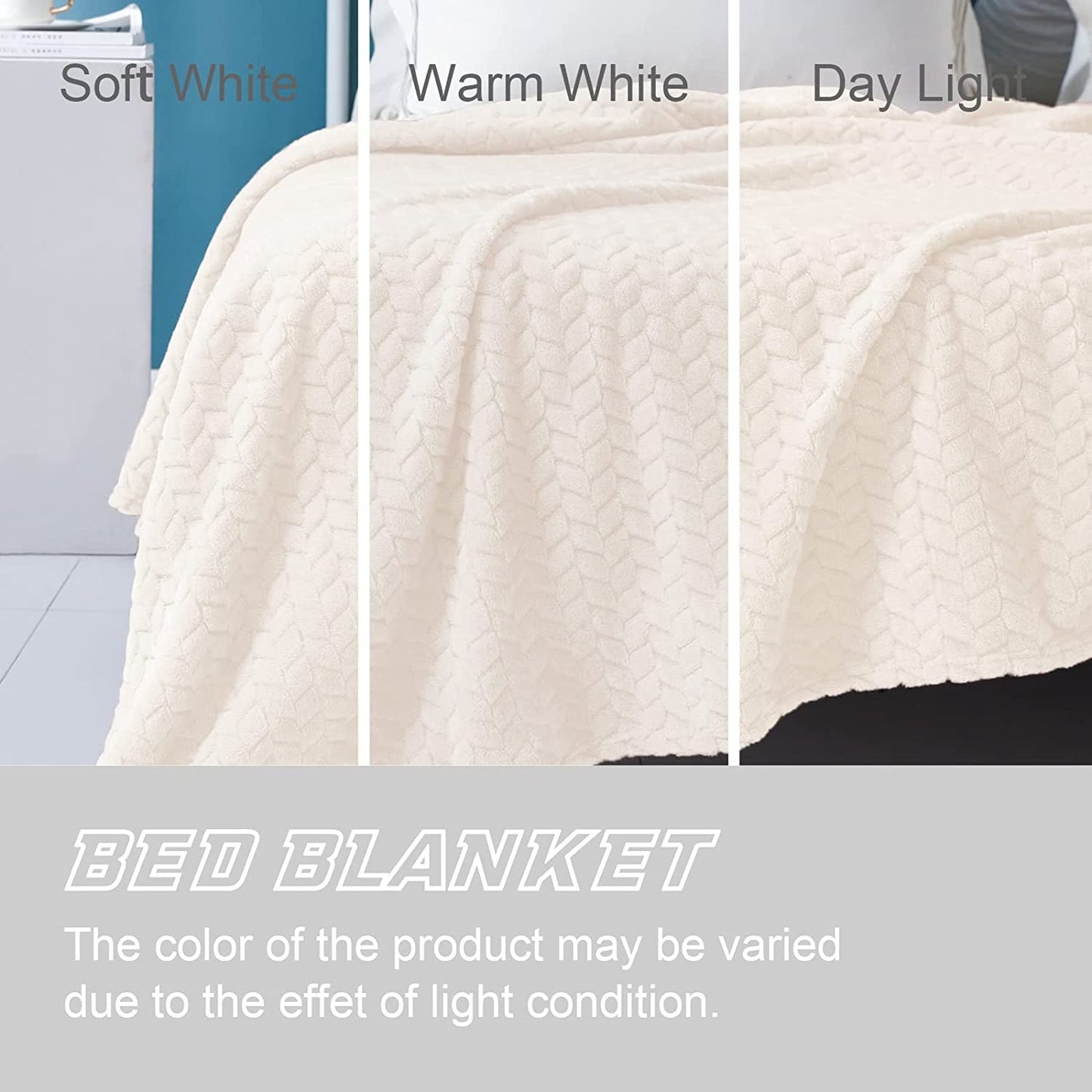 Exclusivo Mezcla Queen Size Flannel Fleece Blanket, 90x90 Inches Soft Jacquard Weave Leaves Pattern Velvet Plush Blanket for Bed, Cozy, Warm, Lightweight and Decorative Ivory Blanket