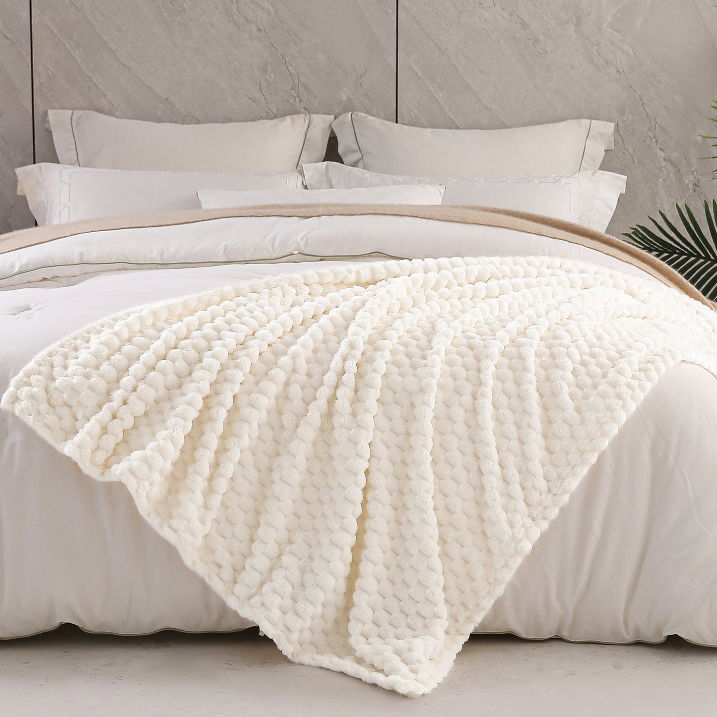Exclusivo Mezcla Queen Size Flannel Fleece Blanket, 90x90 Inches Stylish Jacquard Velvet Plush Blanket for Bed, Cozy, Warm, Lightweight and Decorative Off White Blanket