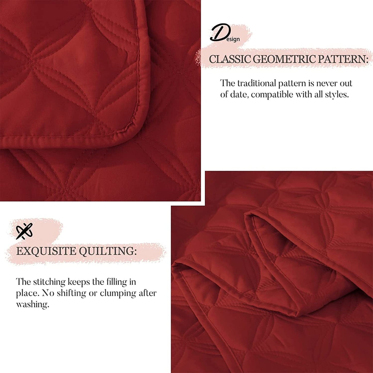Exclusivo Mezcla Bed Quilt Set King Size for All Season, Stitched Pattern Quilted Bedspread/Bedding Set/Coverlet with 2 Pillow Shams, Lightweight and Soft, Red