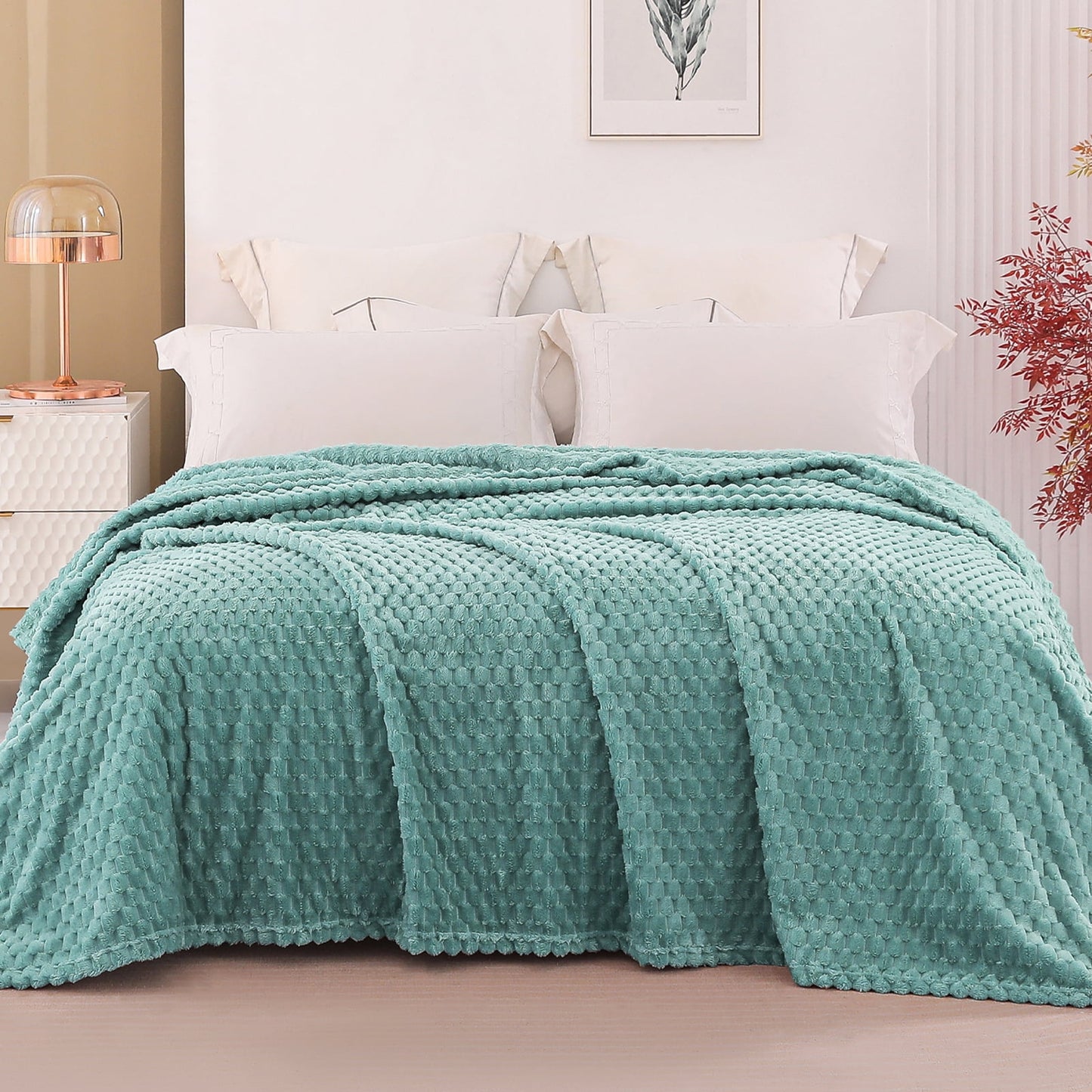 Exclusivo Mezcla Twin Size Soft Fleece Blanket, 90x66 Inches 3D Clouds Stylish Jacquard Velvet Blanket for Bed, Cozy Soft Lightweight for All Season, Celadon Blanket