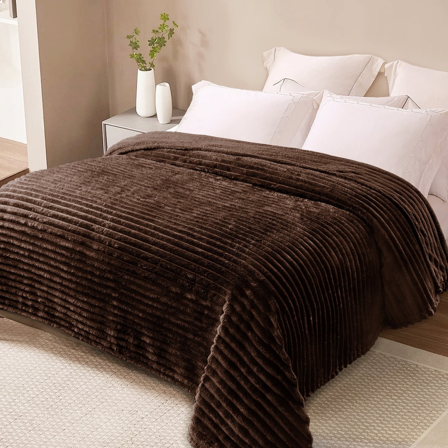 Exclusivo Mezcla Queen Size Flannel Fleece Blanket, Super Soft 3D Striped Jacquard Bed Blanket, Lightweight Fuzzy Cozy Blankets for All Seasons, 90x90 Inches, Coffee Blanket