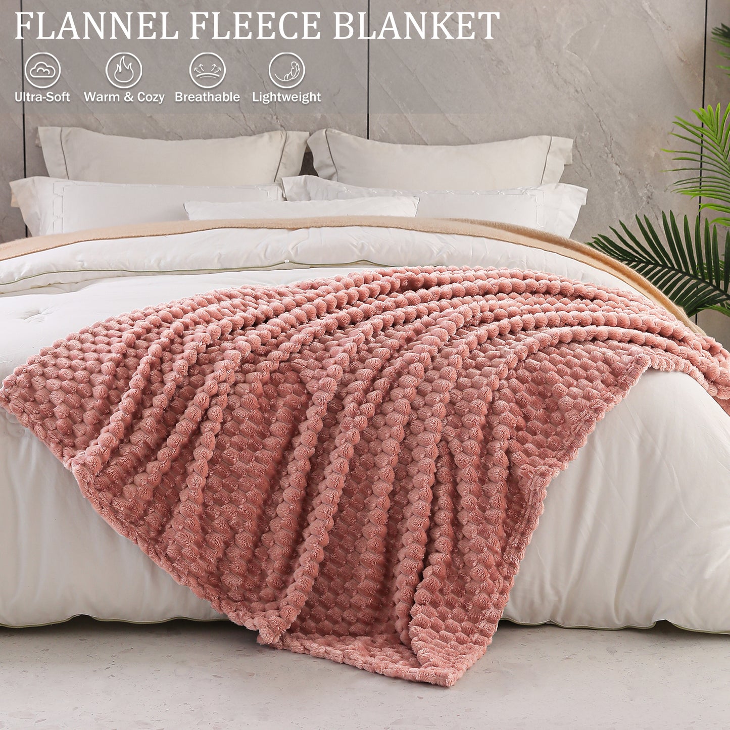Exclusivo Mezcla Queen Size Flannel Fleece Blanket, 90x90 Inches Stylish Jacquard Velvet Plush Blanket for Bed, Cozy, Warm, Lightweight and Decorative Dusty Pink Blanket
