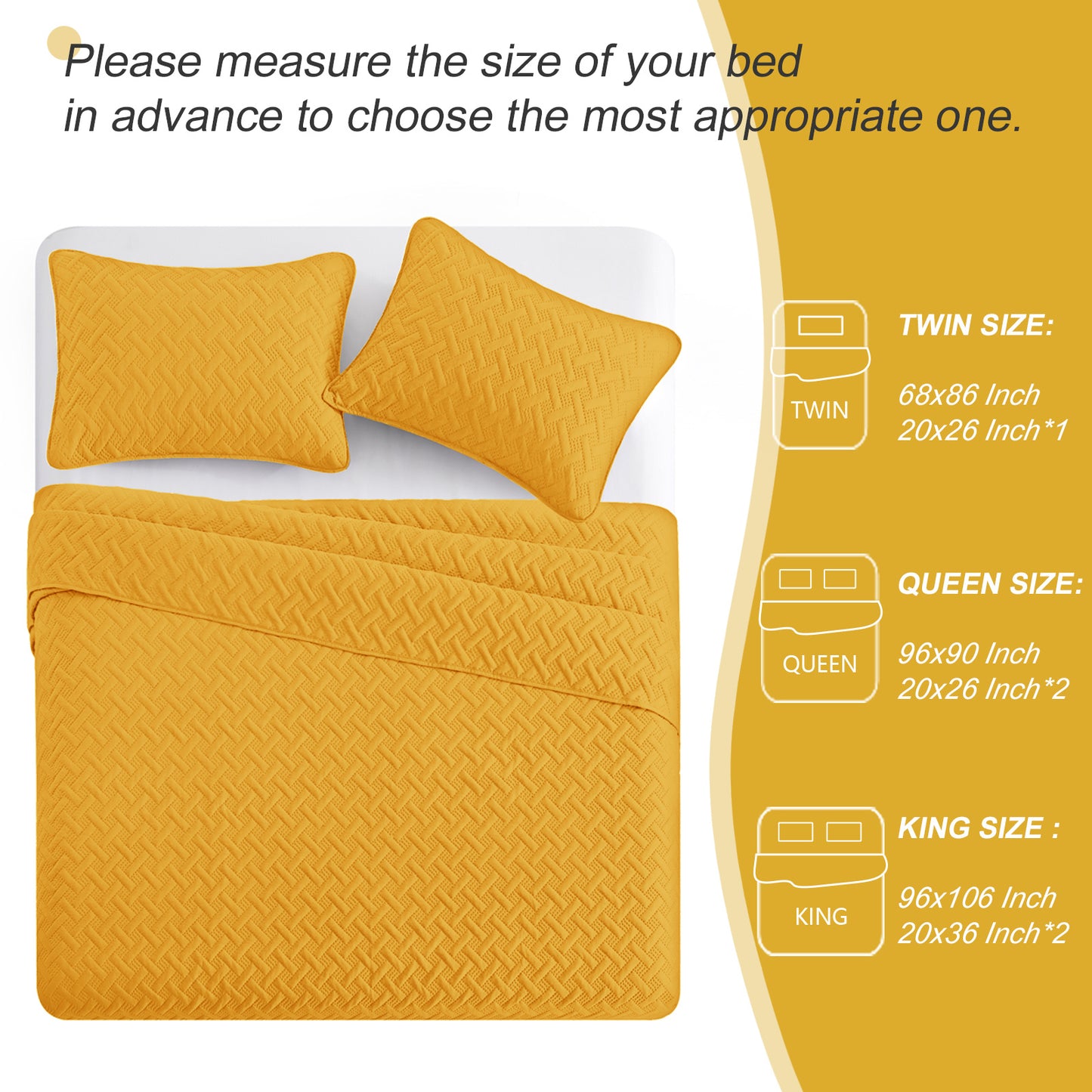 Exclusivo Mezcla 3-Piece Yellow Queen Size Quilt Set, Weave Pattern Ultrasonic Lightweight and Soft Quilts/Bedspreads/Coverlets/Bedding Set (1 Quilt, 2 Pillow Shams) for All Seasons