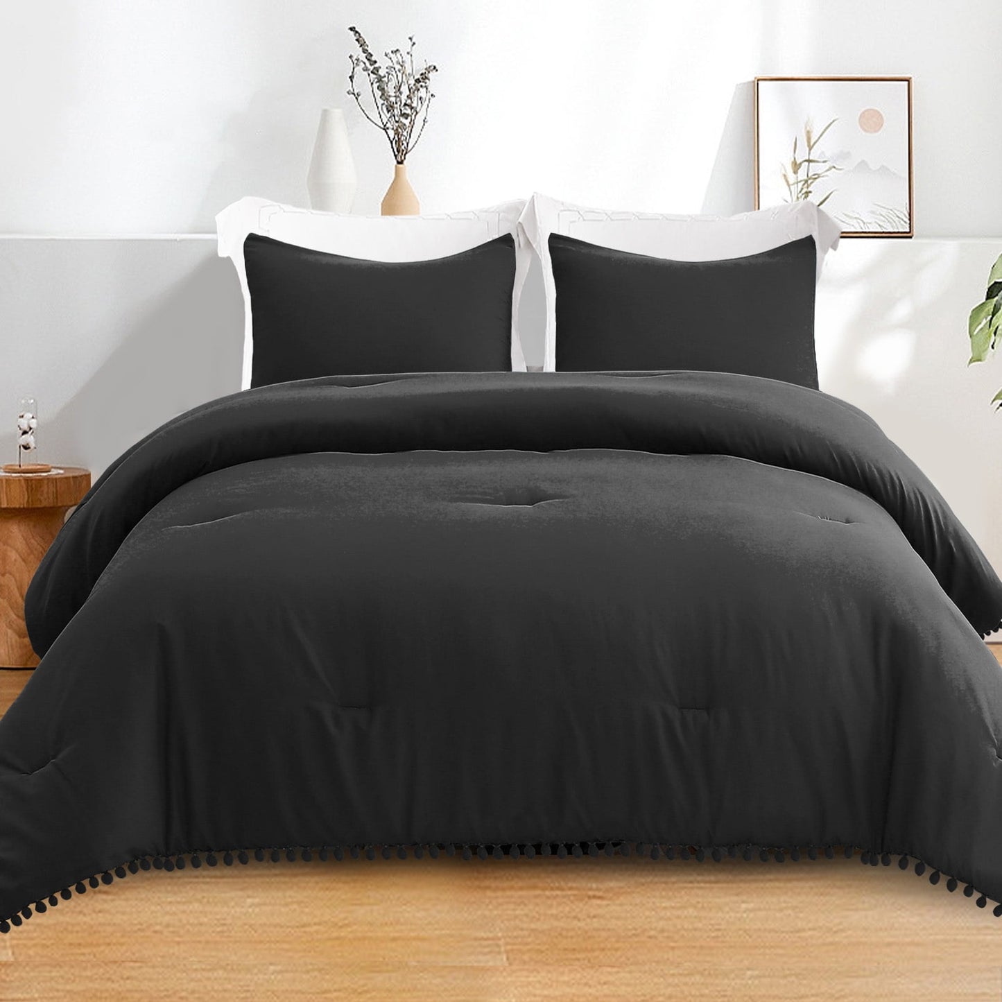 Exclusivo Mezcla Boho Pom Pom Ball Fringe King Size Comforter Set, 3 Piece Black Lightweight Down Alternative Bedding Comforter Sets for All Seasons (1 Comforter and 2 Pillowcases)
