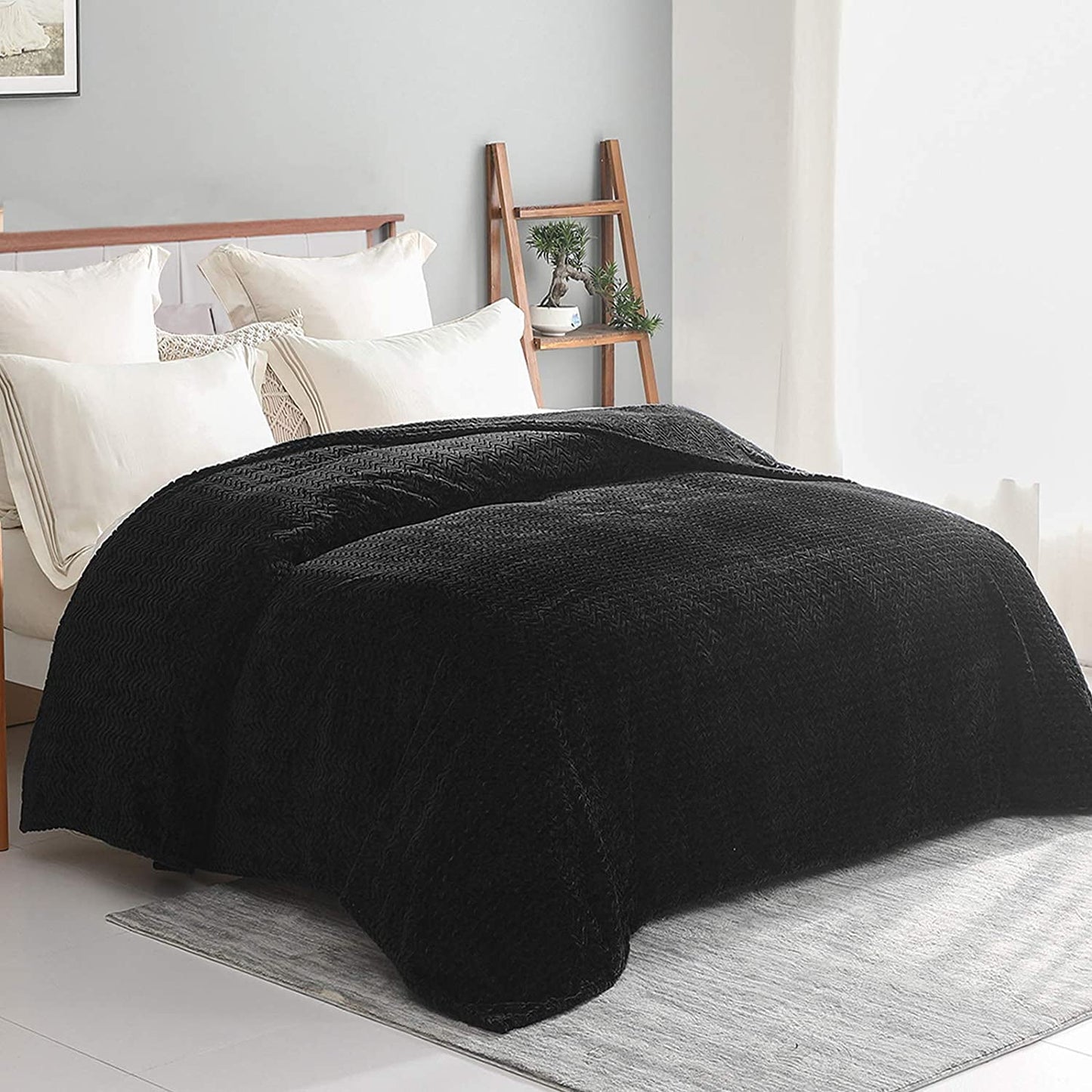 Exclusivo Mezcla Twin Size Jacquard Weave Wave Pattern Flannel Fleece Velvet Plush Bed Blanket as Bedspread/Coverlet/Bed Cover (90" x 66", Black) - Soft, Lightweight, Warm and Cozy