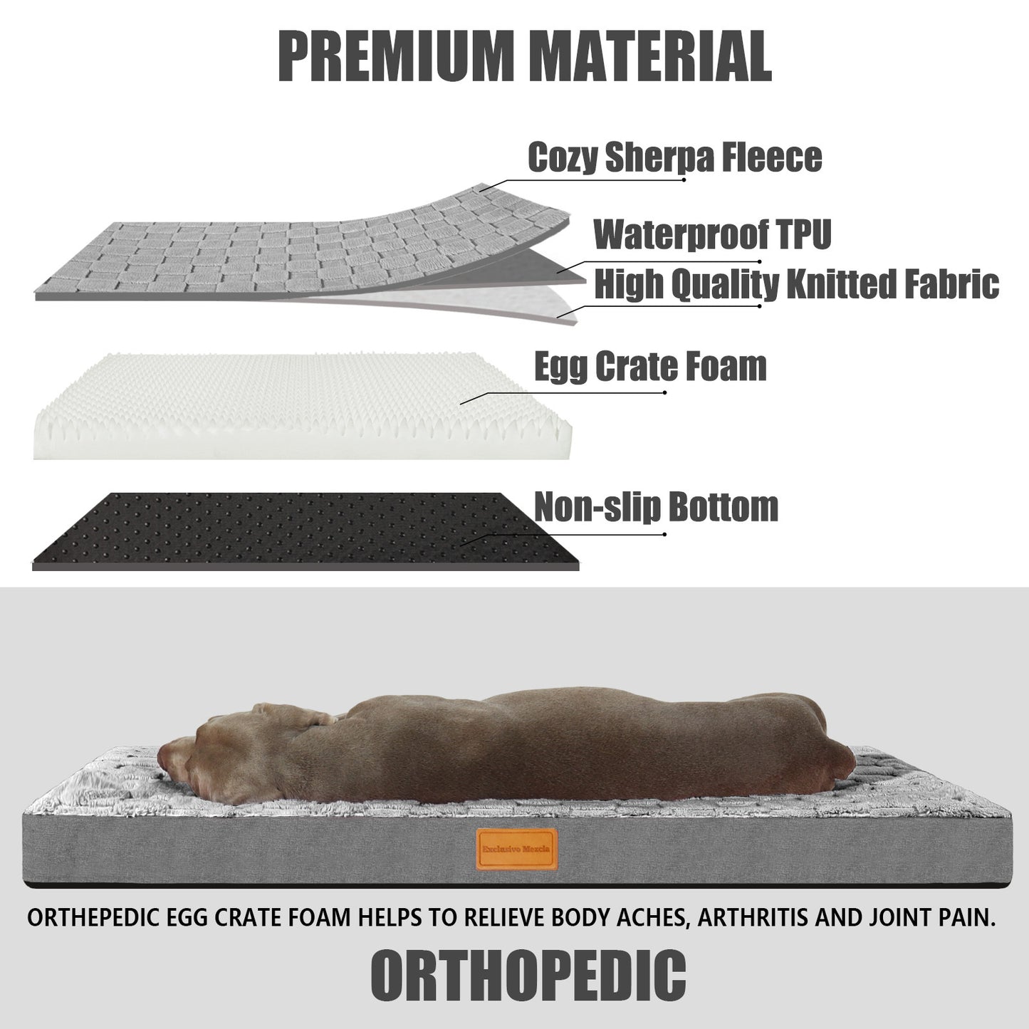 Exclusivo Mezcla Checkered Orthopedic Dog Bed for Medium Dogs 30''X20'', Waterproof Removable Washable Cover, Egg Crate Foam Pet Bed Mat, Grey