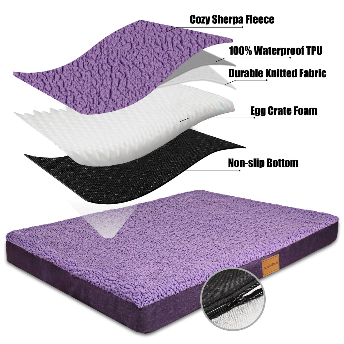 Exclusivo Mezcla Orthopedic Pet Bed for Large Dogs 42"X28", Waterproof Dog Beds with Removable Washable Cover, Purple