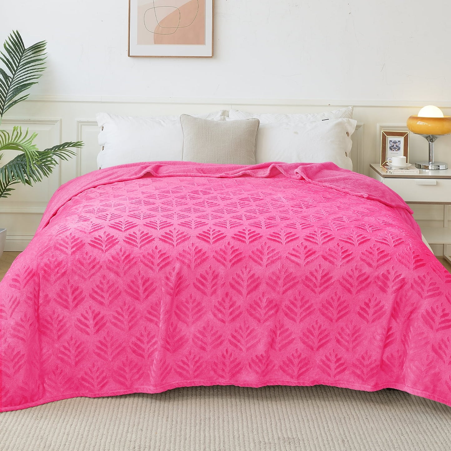 Exclusivo Mezcla Twin size Blanket for Bed, Super Soft and Warm Hot Pink Blankets for All Seasons, Flannel Fleece Leaves Pattern Bed Blanket, Plush Fuzzy and Thick, 60x80 Inch