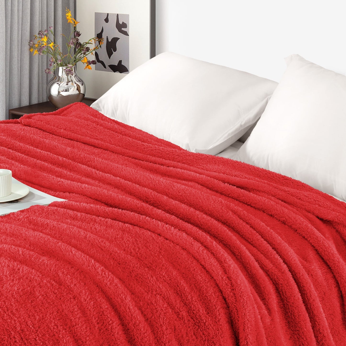 Exclusivo Mezcla Fuzzy Fleece Throw Blanket for Couch Sofa, Lightweight Fluffy Solid Velvet Blanket, Suitable for All Seasons, 50x60 Inches, Red