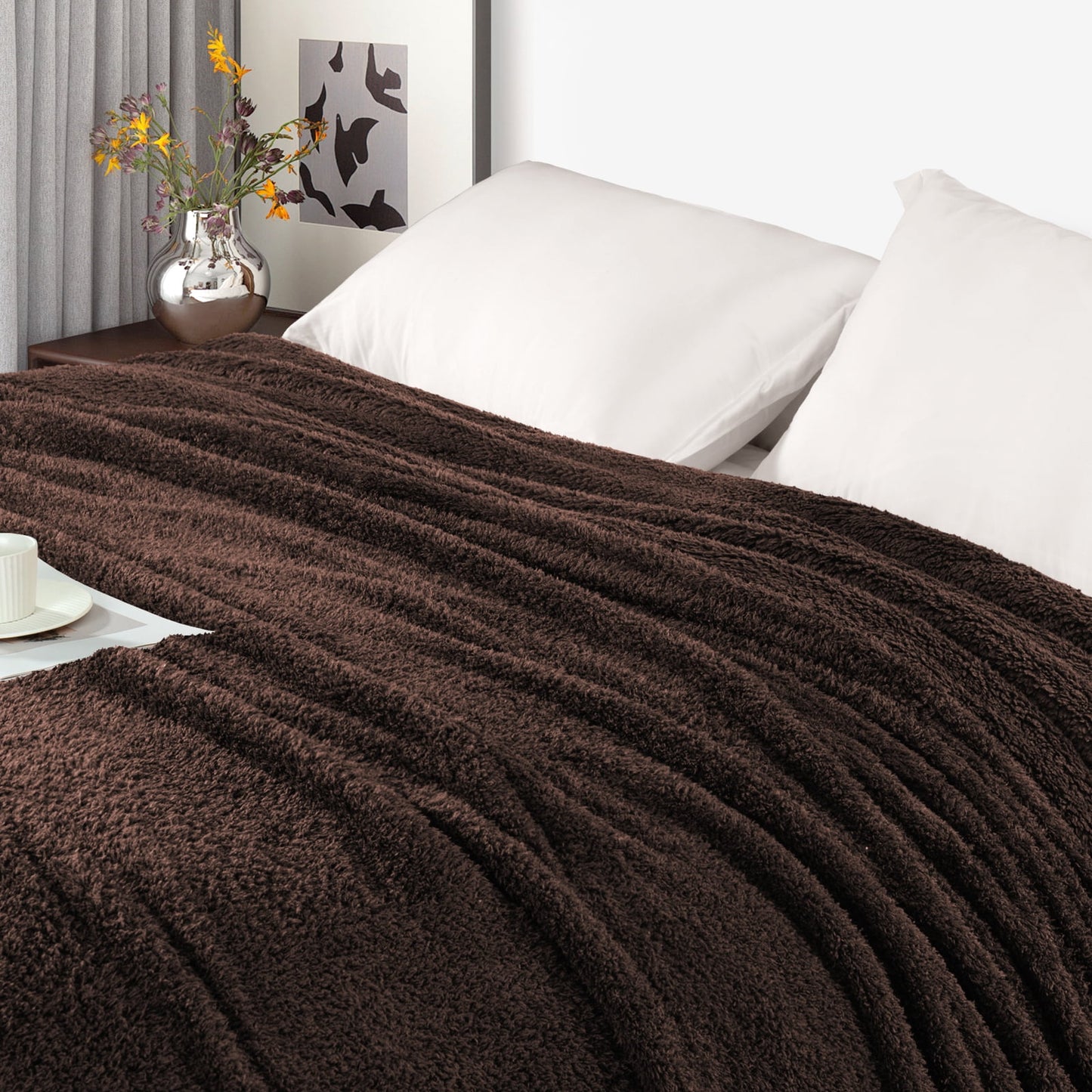 Exclusivo Mezcla Fuzzy Fleece Throw Blanket for Couch Sofa, Lightweight Fluffy Solid Velvet Blanket, Suitable for All Seasons, 50x60 Inches, Coffee