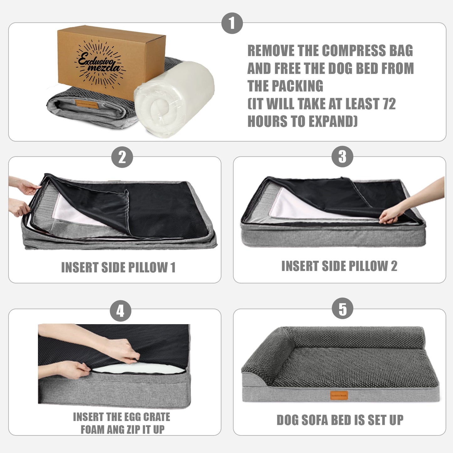 Exclusivo Mezcla Jacquard Orthopedic Pet Bed for Extra Large Dogs, 48"X30" Waterproof L Shaped Dog Bed with Washable Cover, Grey