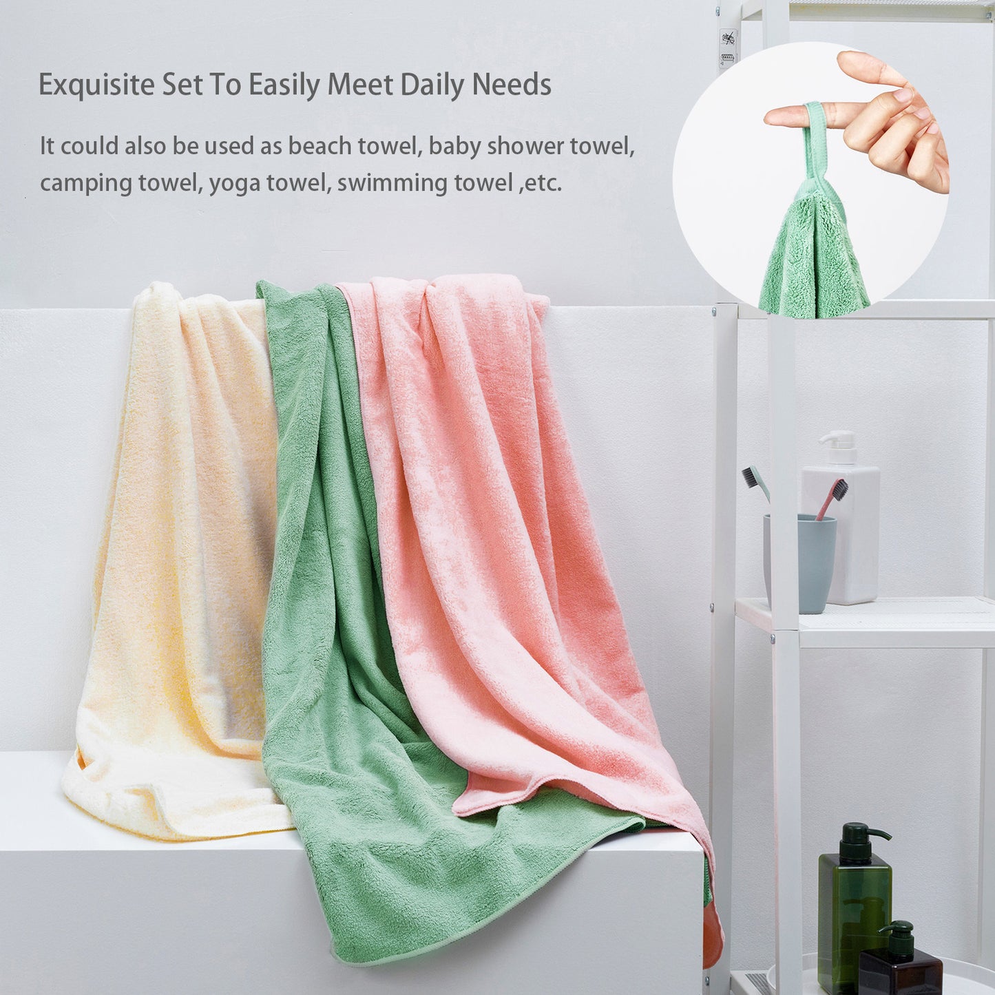 Exclusivo Mezcla 4-Piece Ultra Soft Bath Towel Set, Large Highly Absorbent Microfiber Coral Velvet Towel, Quick Drying for Body, Bathroom, Gym, Spa, 2 Bath Towels, 2 Hand Towels, Green