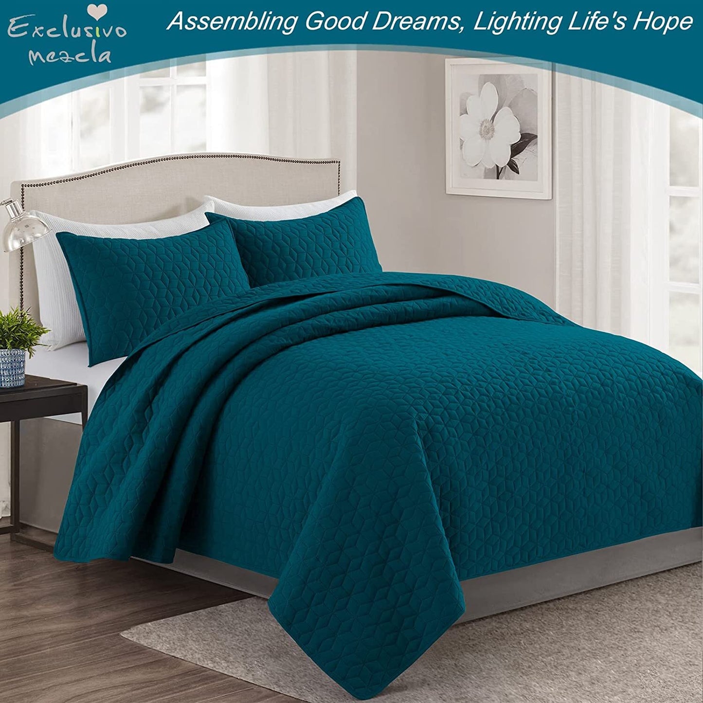 Exclusivo Mezcla 3-Piece Navy blue King Size Quilt Set, Diamond Pattern Ultrasonic Lightweight and Soft Quilts/Bedspreads/Coverlets/Bedding Set (1 Quilt, 2 Pillow Shams) for All Seasons
