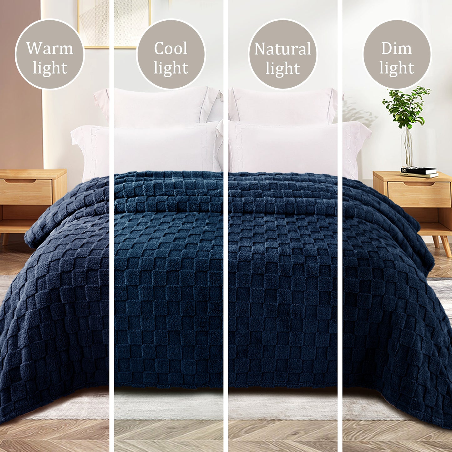 Exclusivo Mezcla Fleece Throw Blanket for Couch, Super Soft 3D Checkered Jacquard Bed Blanket, Cozy Fluffy Lightweight Blanket for All Seasons, 50x60 Inches, Navy Blue Blanket