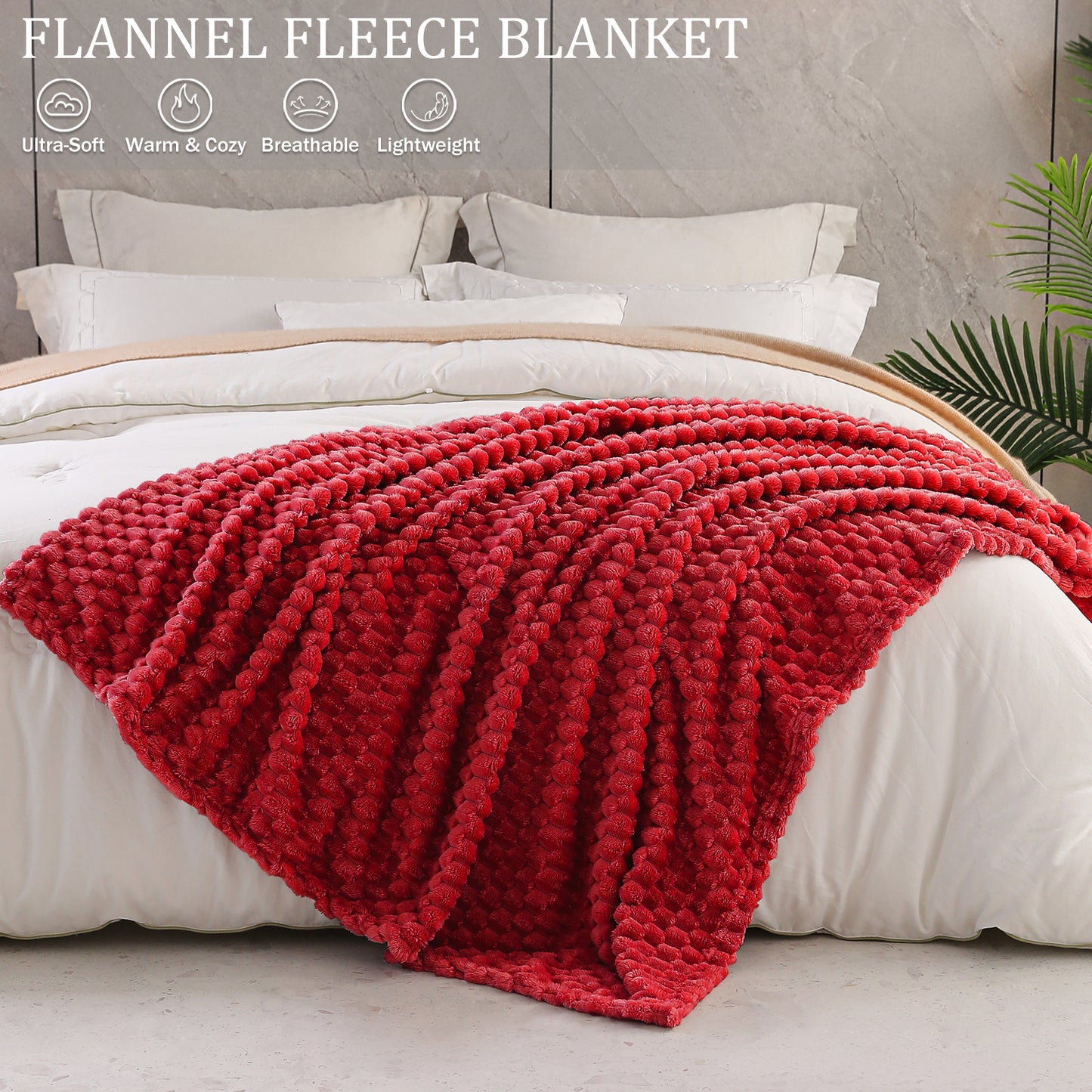 Exclusivo Mezcla King Size Soft Fleece Blanket, 90x104 Inches 3D Clouds Stylish Jacquard Velvet Blanket for Bed, Cozy Soft Lightweight for All Season, Deep Red Blanket