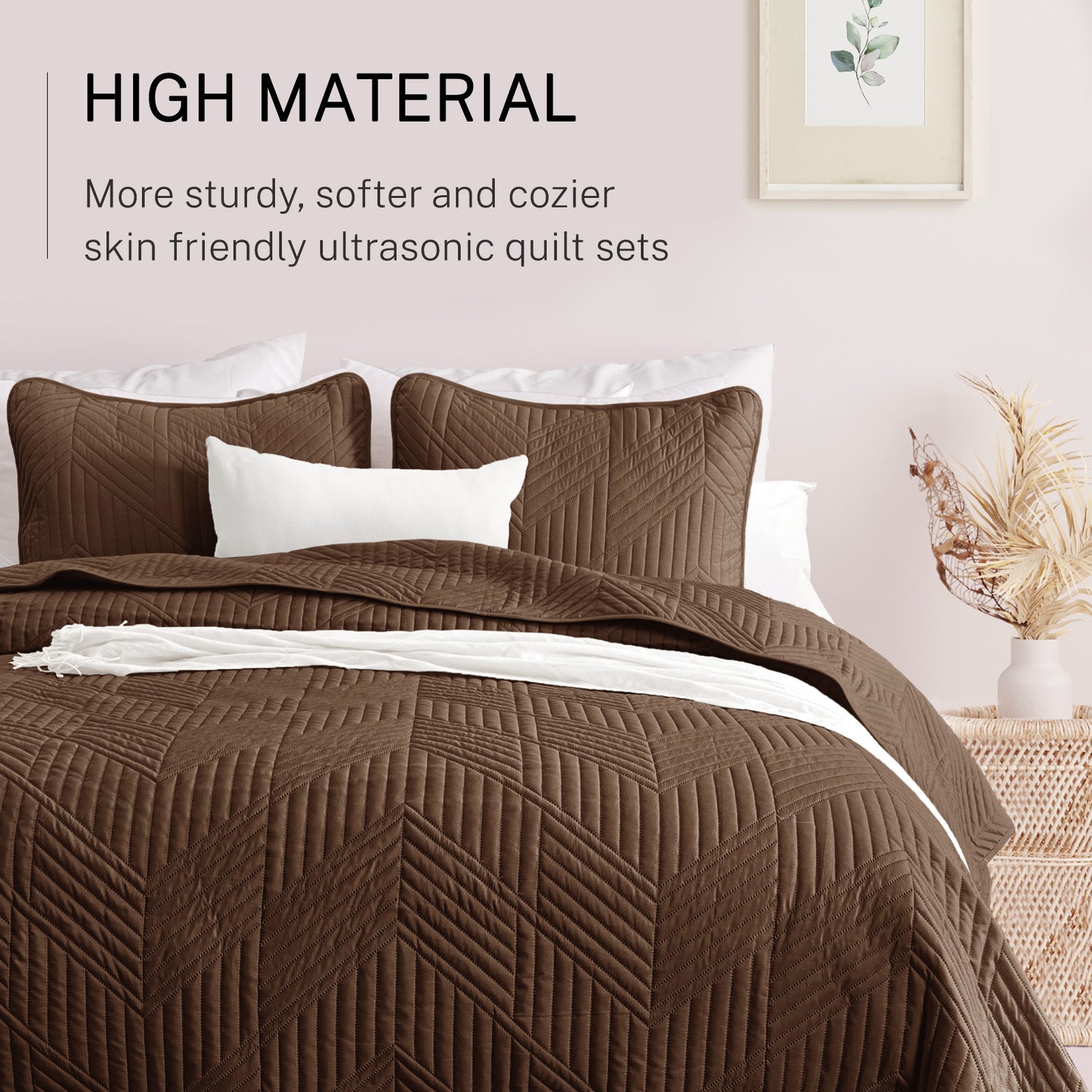 Exclusivo Mezcla Ultrasonic Full Queen Quilt Bedding Set, Lightweight Brown Bedspreads Soft Modern Geometric Coverlet Set for All Seasons (1 Quilt and 2 Pillow Shams)