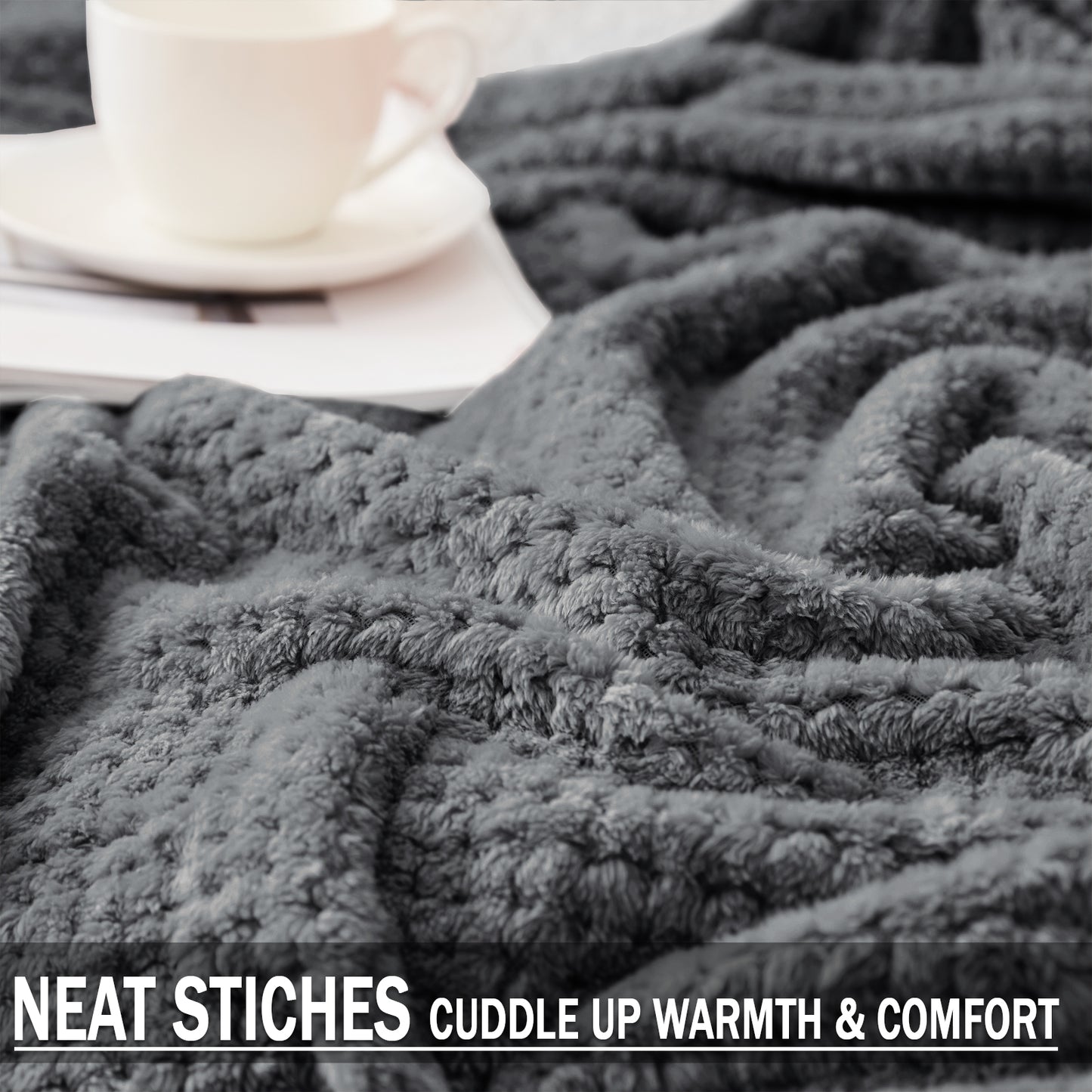 Exclusivo Mezcla Waffle Textured Soft Fleece Blanket, Twin Size Bed Blanket, Cozy Warm and Lightweight (Dark Grey, 90x66 inches)