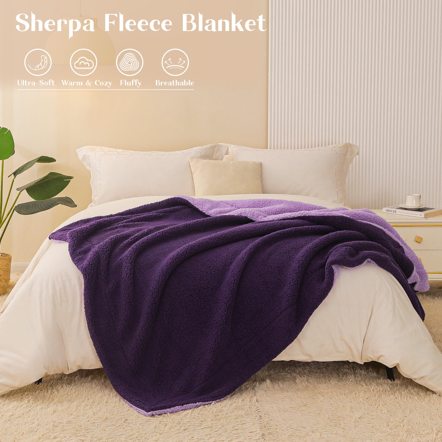 Exclusivo Mezcla Reversible Sherpa Fleece Throw Blanket for Couch, Soft Plush Blanket for Bed Sofa, Warm Fluffy Blankets for All Season, 50x60 Inches, Deep Purple/ Lilac
