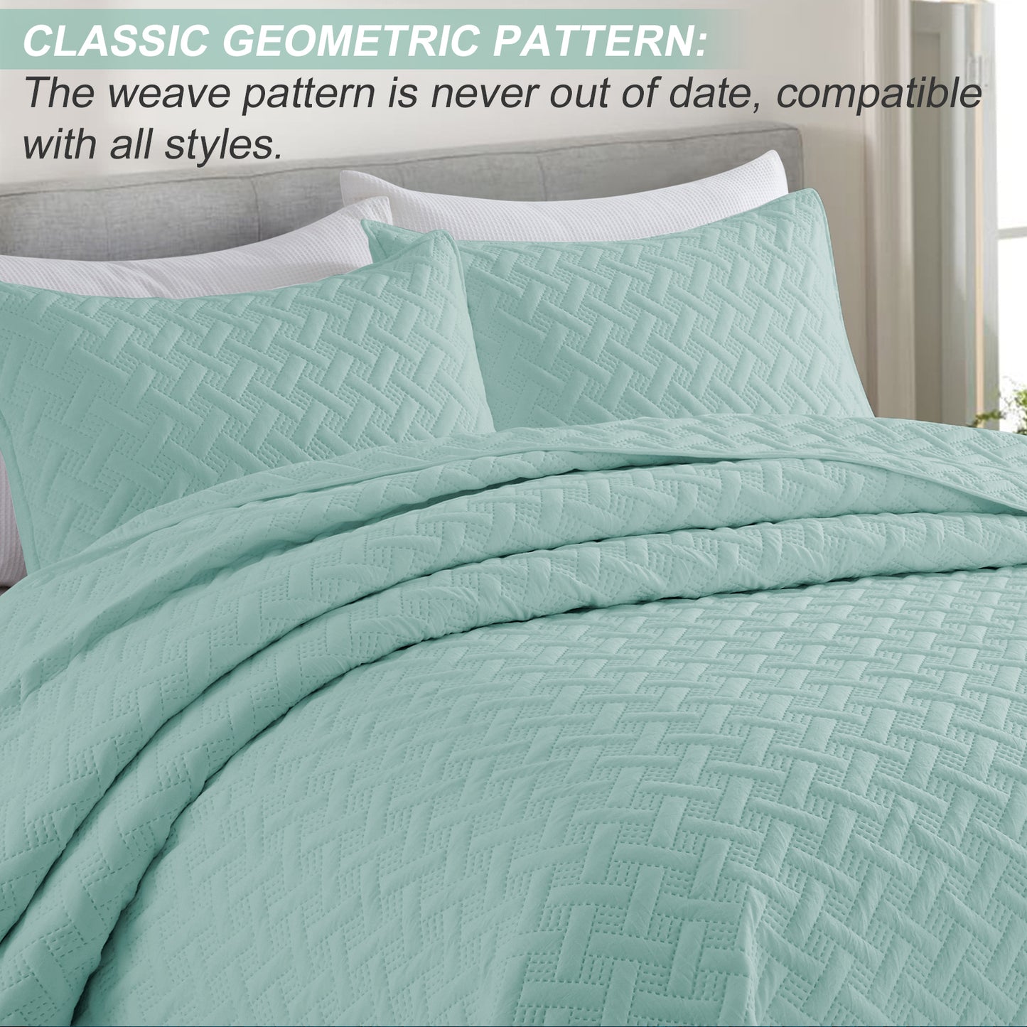 Exclusivo Mezcla 3-Piece Aqua Queen Size Quilt Set, Weave Pattern Ultrasonic Lightweight and Soft Quilts/Bedspreads/Coverlets/Bedding Set (1 Quilt, 2 Pillow Shams) for All Seasons