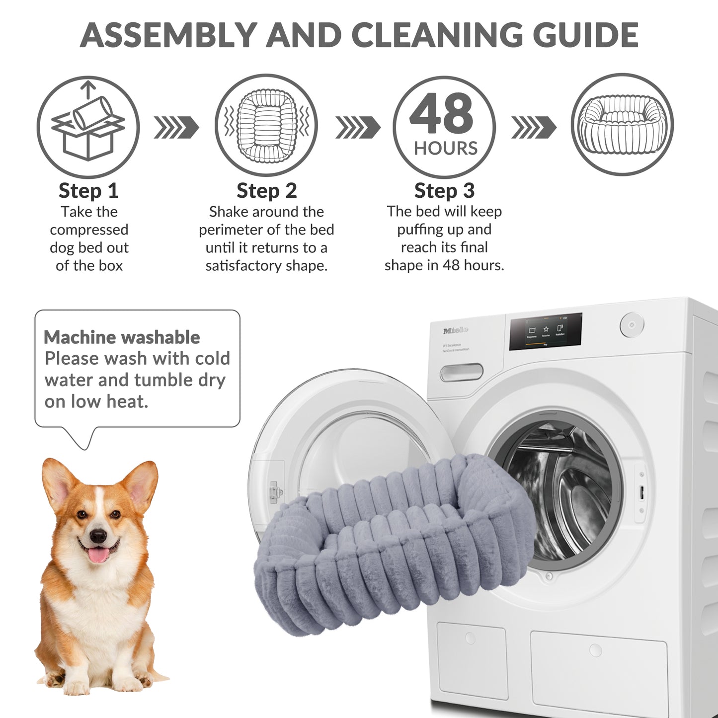 Exclusivo Mezcla Ribbed Plush Cuddler Dog Bed, 40"x32" Calming Pet Bed with Non-Slip Bottom for Large Dogs, Machine Washable, Light Grey