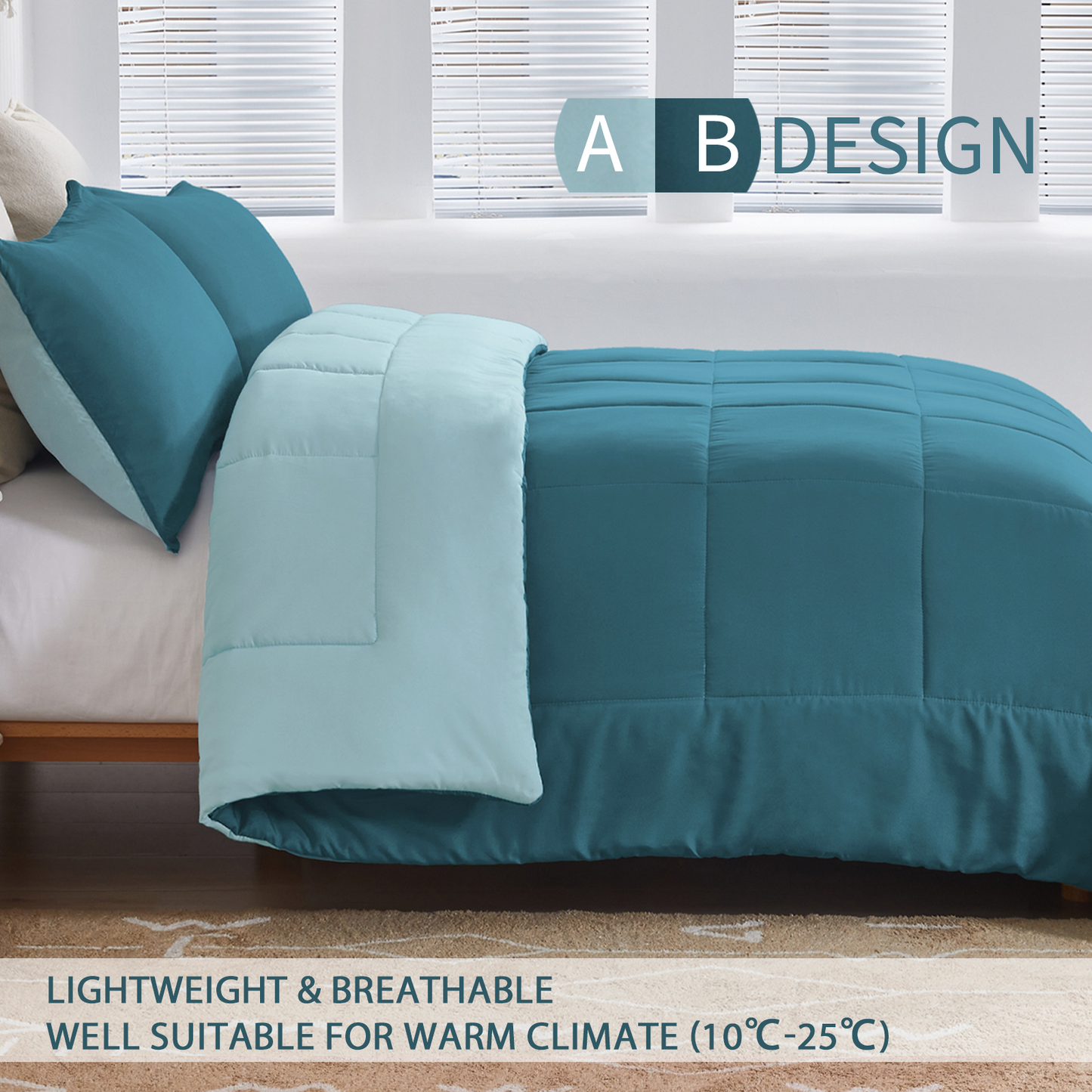 Exclusivo Mezcla Lightweight Reversible 2-Piece Comforter Set All Seasons, Down Alternative Comforter with 1 Pillow Sham, Twin Size, Dusty Teal/ Spa Blue