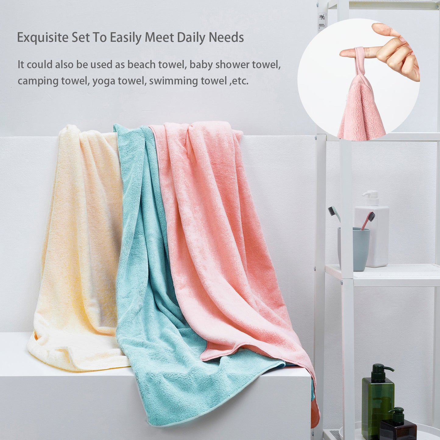 Exclusivo Mezcla 4-Piece Ultra Soft Bath Towel Set, Large Highly Absorbent Microfiber Coral Velvet Towel, Quick Drying for Body, Bathroom, Gym, Spa, 2 Bath Towels, 2 Hand Towels, Pink