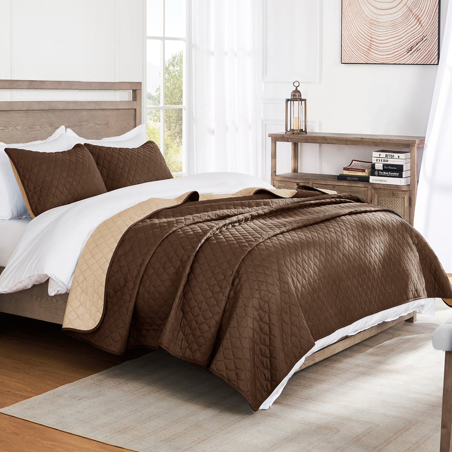 Exclusivo Mezcla Ultrasonic Reversible Full Queen Quilt Bedding Set with Pillow Shams, Lightweight Quilts Queen Size, Soft Bedspreads Bed Coverlets for All Seasons - (Chocolate Brown, 90"x96")