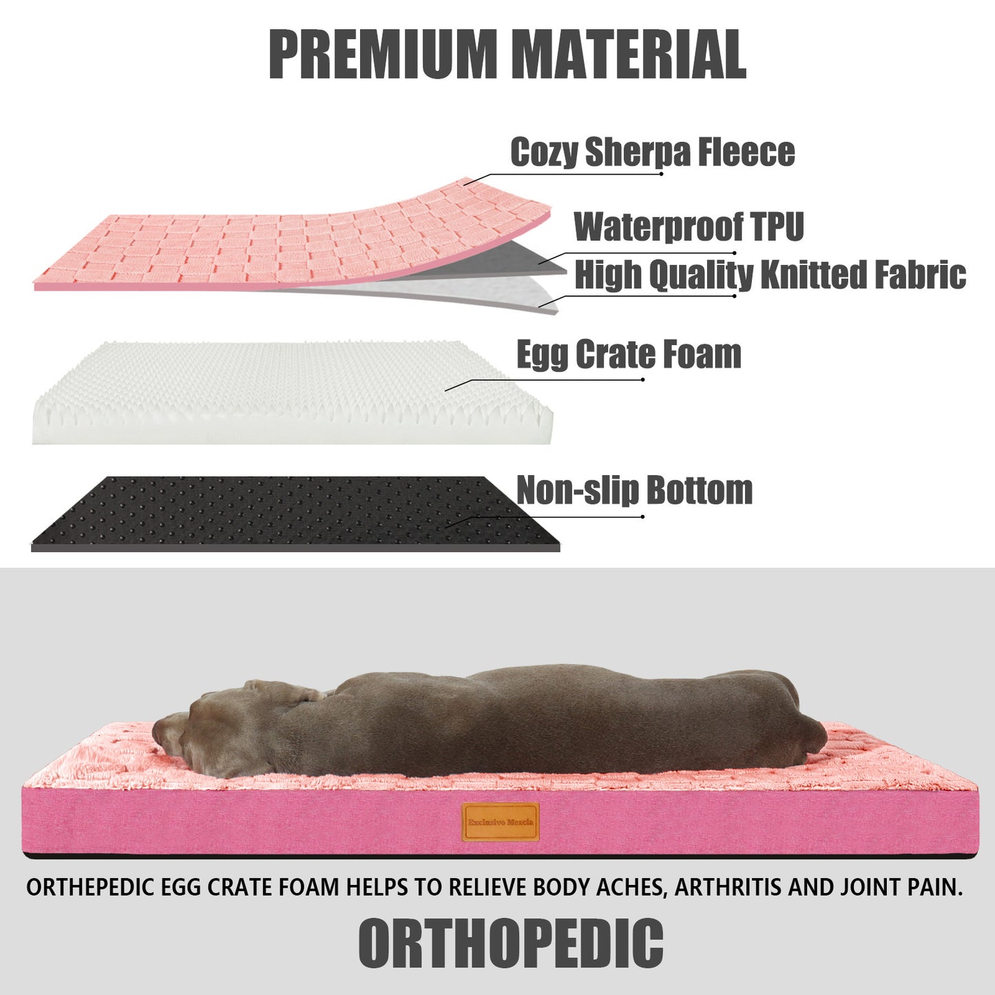 Exclusivo Mezcla Checkered Orthopedic Jumbo Dog Bed for Extra Large Dogs 56"X40", Waterproof Removable Washable Cover, Egg Crate Foam Pet Bed Mat, Pink