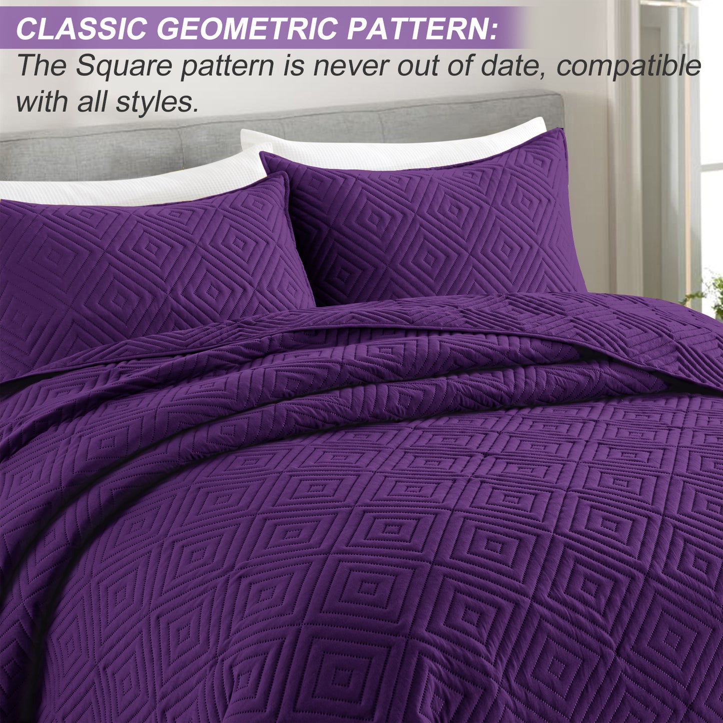 Exclusivo Mezcla 3-Piece Deep Purple Queen Size Quilt Set, Square Pattern Ultrasonic Lightweight and Soft Quilts/Bedspreads/Coverlets/Bedding Set (1 Quilt, 2 Pillow Shams) for All Seasons