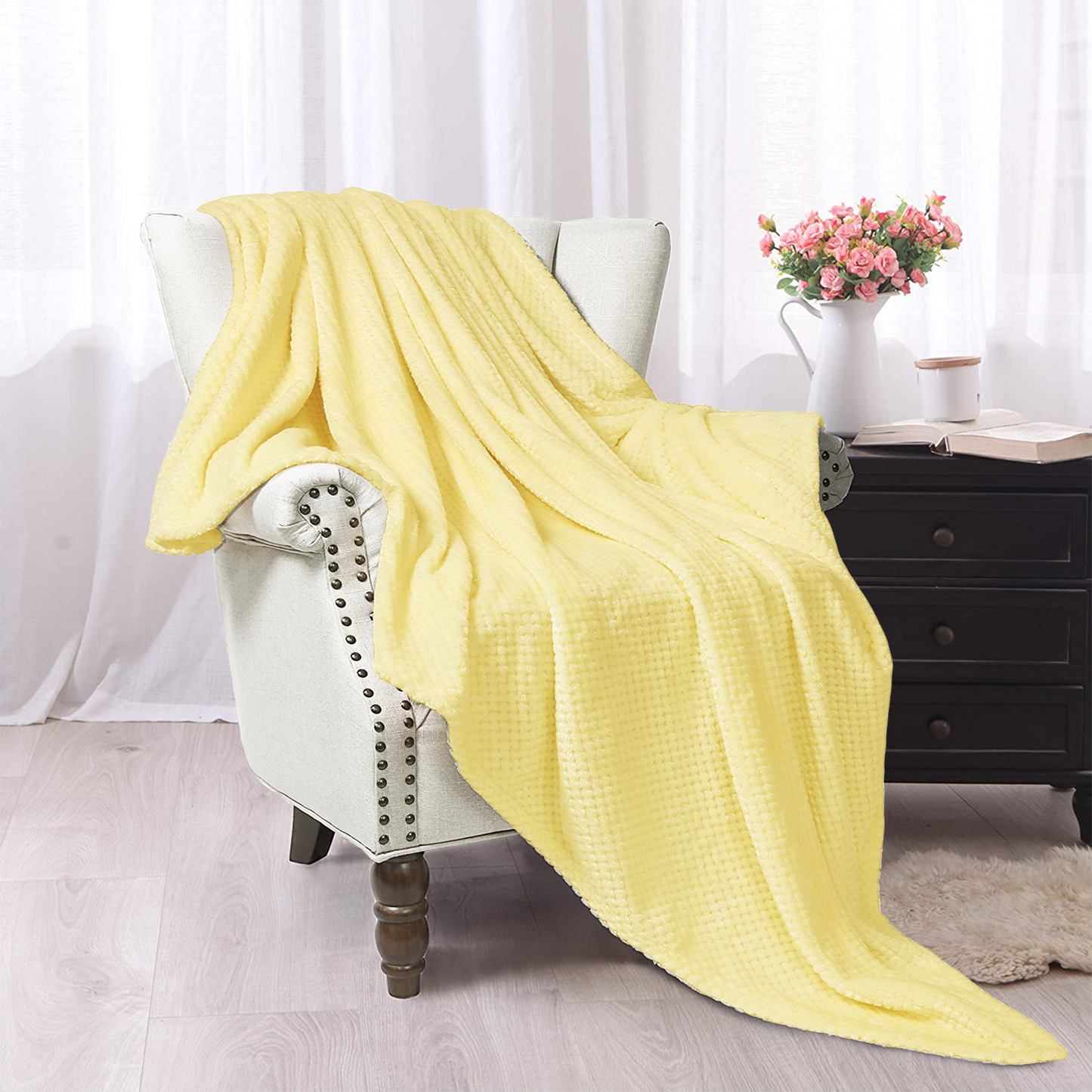 Exclusivo Mezcla Waffle Textured Extra Large Fleece Blanket, Super Soft and Warm Throw Blanket for Couch, Sofa and Bed (Light Yellow, 50x70 inches)-Cozy, Fuzzy and Lightweight