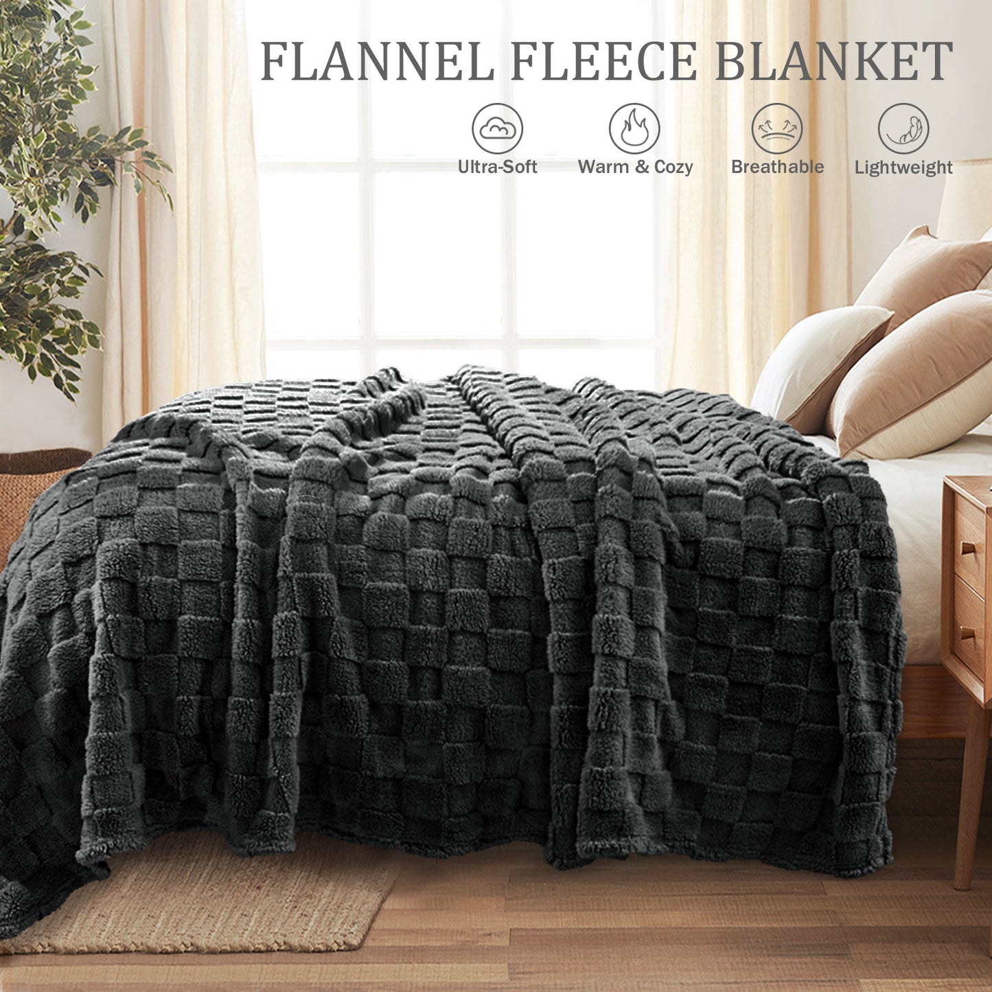 Exclusivo Mezcla Queen Size Flannel Fleece Blanket, Super Soft 3D Checkered Jacquard Bed Blanket, Cozy Fluffy Lightweight Blanket for All Seasons, 90x90 Inches, Dark Grey Blanket