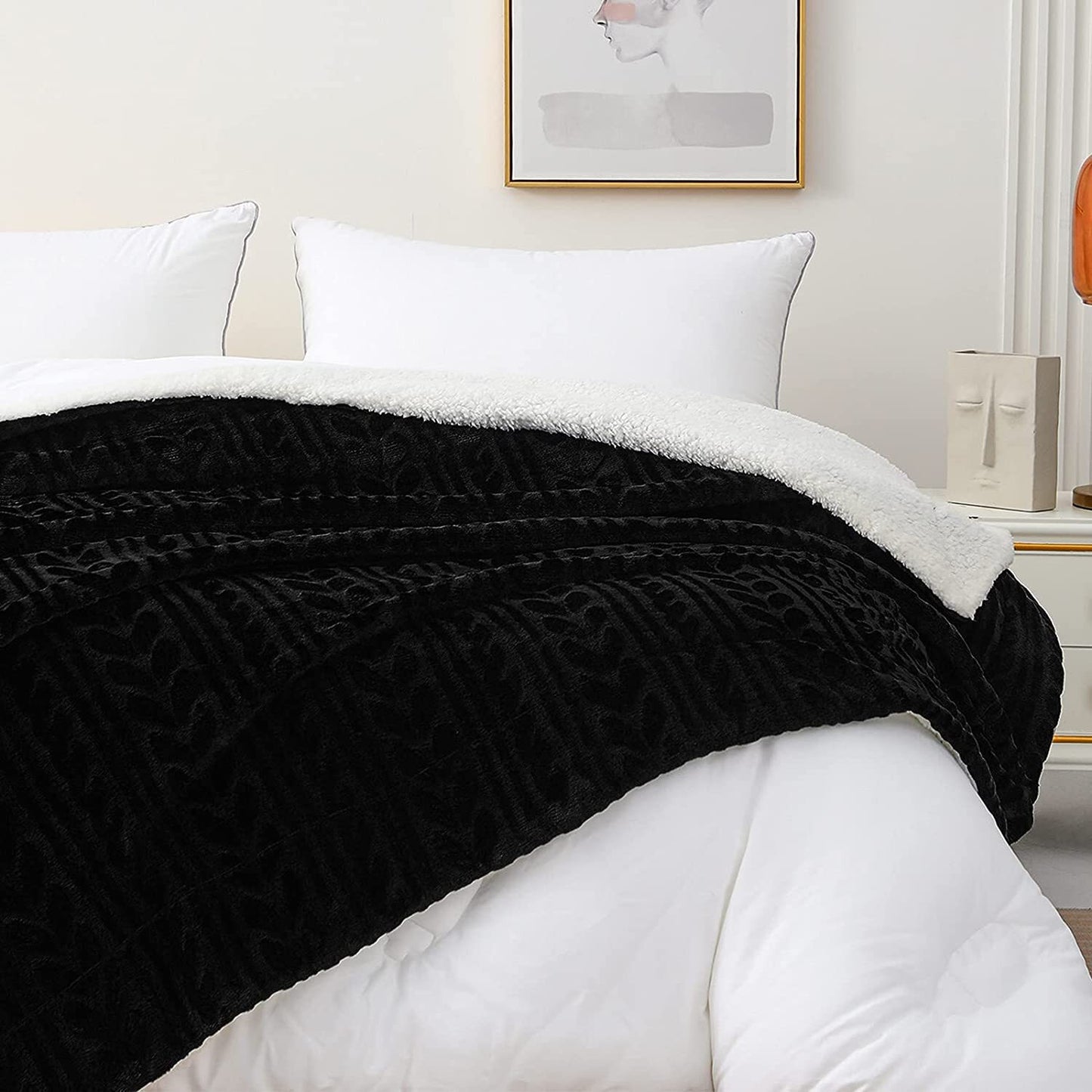 Exclusivo Mezcla 50"x70" Sherpa Fleece Throw Blanket, Reversible Velvet Plush Blankets and Soft Throws for Couch, Sofa, Bed, Super Cozy Thick and Warm, Black