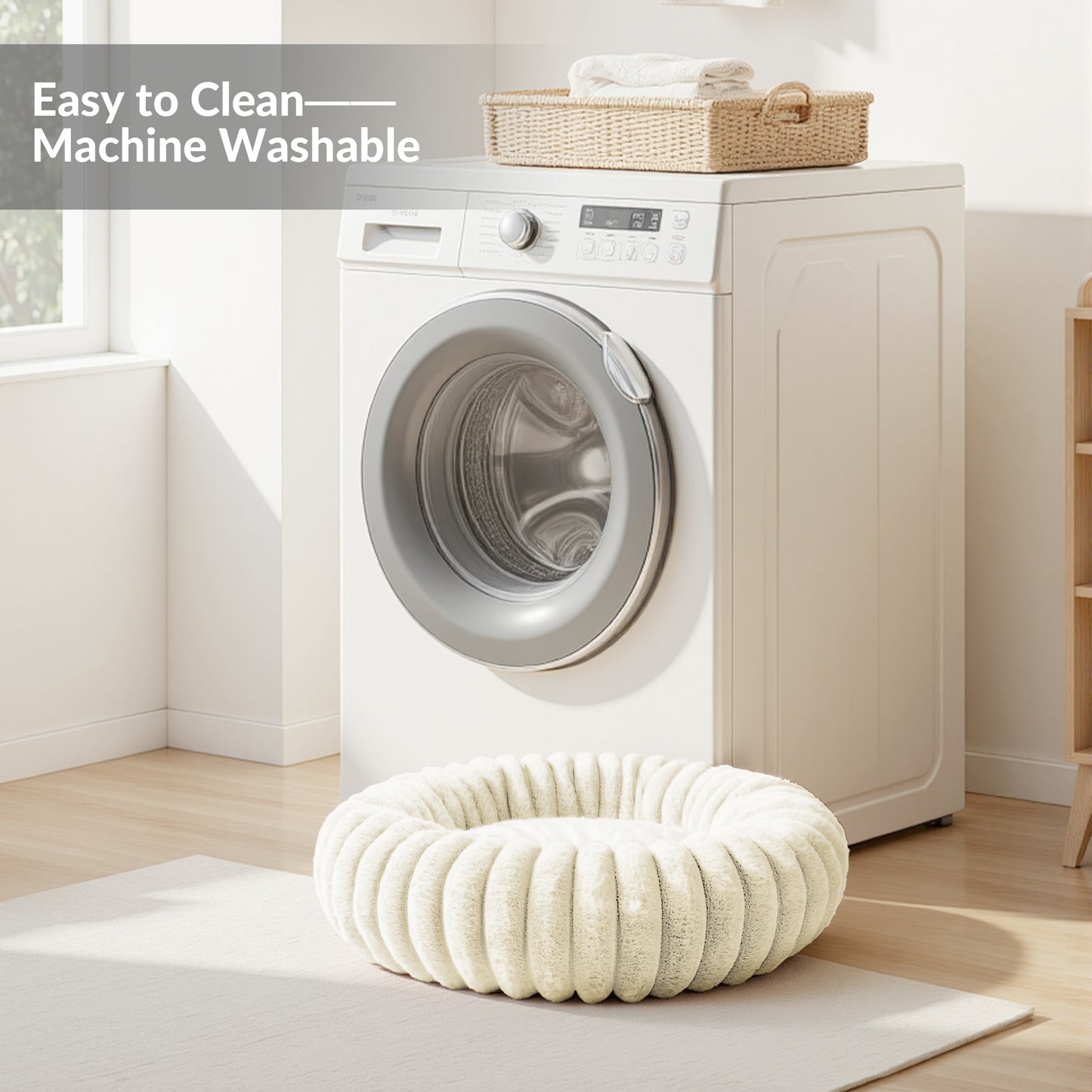 Exclusivo Mezcla Calming Donut Dog Bed, 28 inches Cozy Fluffy Faux Rabbit Fur Round Pet Bed, Machine Washable, Ivory