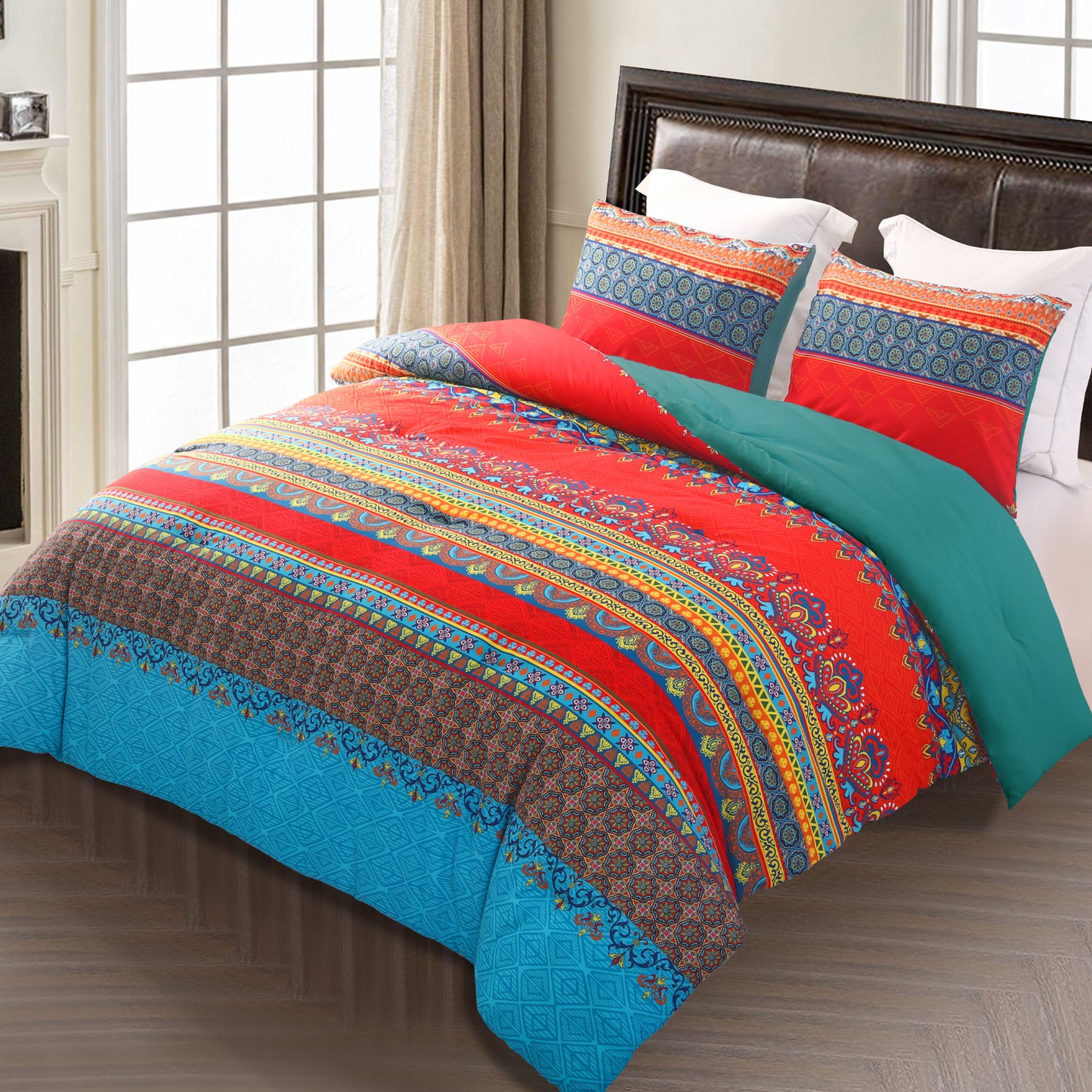Exclusivo Mezcla 3-Piece Bohomian Queen Comforter Set, Microfiber Bedding Down Alternative Comforter for All Seasons with 2 Pillow Shams, Boho Blue