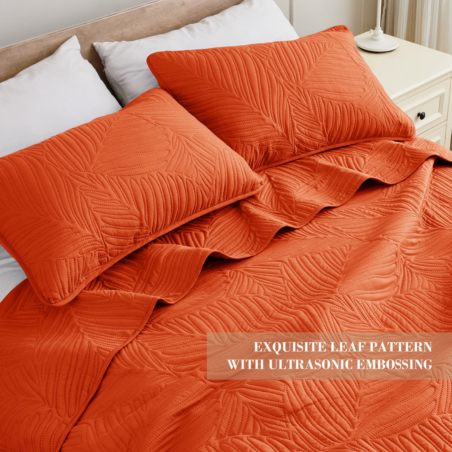 Exclusivo Mezcla Ultrasonic Full Queen Quilt Set Burnt Orange, 3 Pieces Lightweight Bedspread Leaf Pattern Bed Cover Soft Coverlet Bedding Set