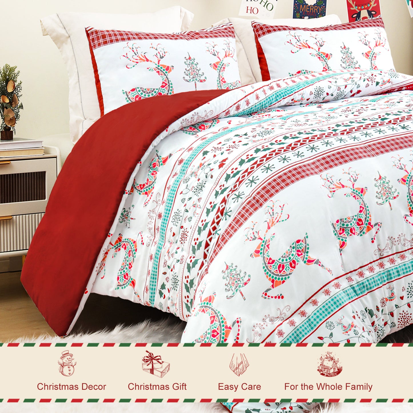 Exclusivo Mezcla Christmas King Size Comforter Set, 3 Pieces Reversible Rust Red Striped Bedding Comforters, Printed Flowers Reindeer Pattern