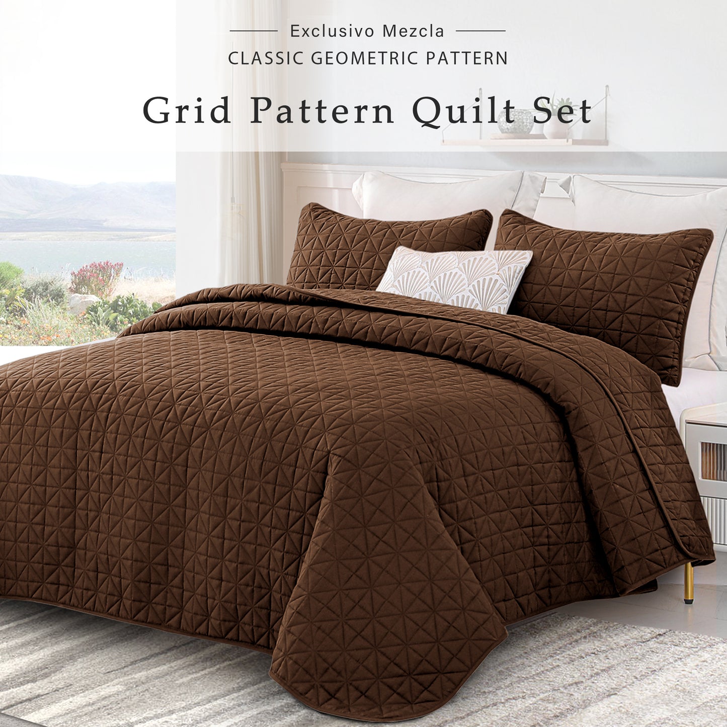 Exclusivo Mezcla Twin Quilt Bedding Set for All Seasons, Lightweight Soft Brown Quilts Twin Size Bedspreads Coverlets Bed Cover with Geometric Stitched Pattern, (1 Quilt, 1 Pillow Sham)