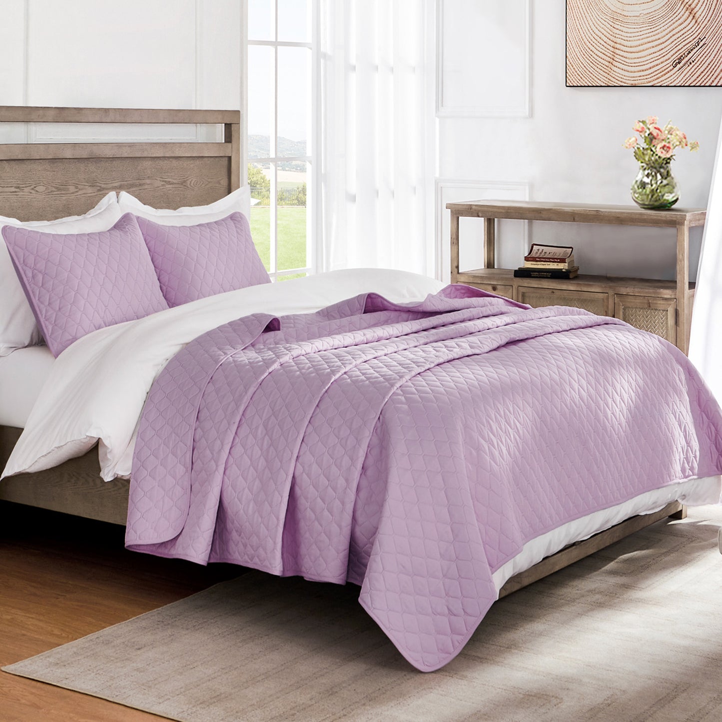 Exclusivo Mezcla Ultrasonic Reversible Full Queen Quilt Bedding Set with Pillow Shams, Lightweight Quilts Queen Size, Soft Bedspreads Bed Coverlets for All Seasons - (Lilac, 90"x96")