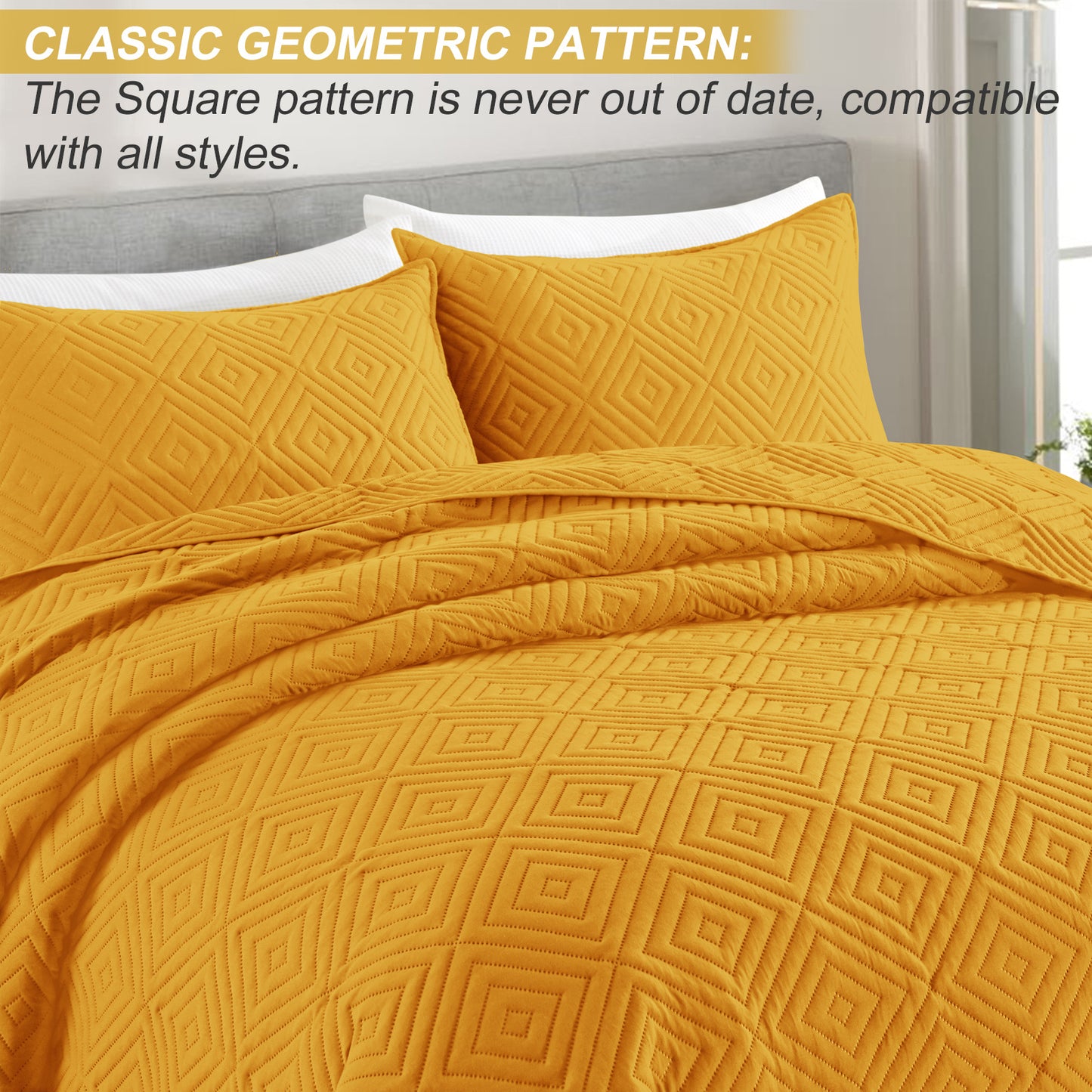 Exclusivo Mezcla 3-Piece Yellow King Size Quilt Set, Square Pattern Ultrasonic Lightweight and Soft Quilts/Bedspreads/Coverlets/Bedding Set (1 Quilt, 2 Pillow Shams) for All Seasons