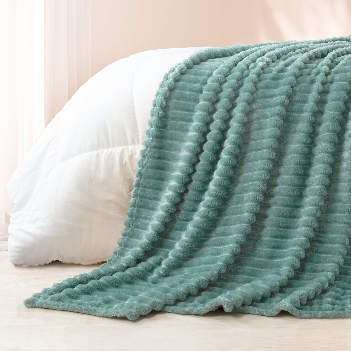 Exclusivo Mezcla Fleece Throw Blanket for Couch, Super Soft 3D Striped Jacquard Bed Blanket, Lightweight Fuzzy Cozy Blankets for All Seasons, 50x60 Inches, Celadon Blanket