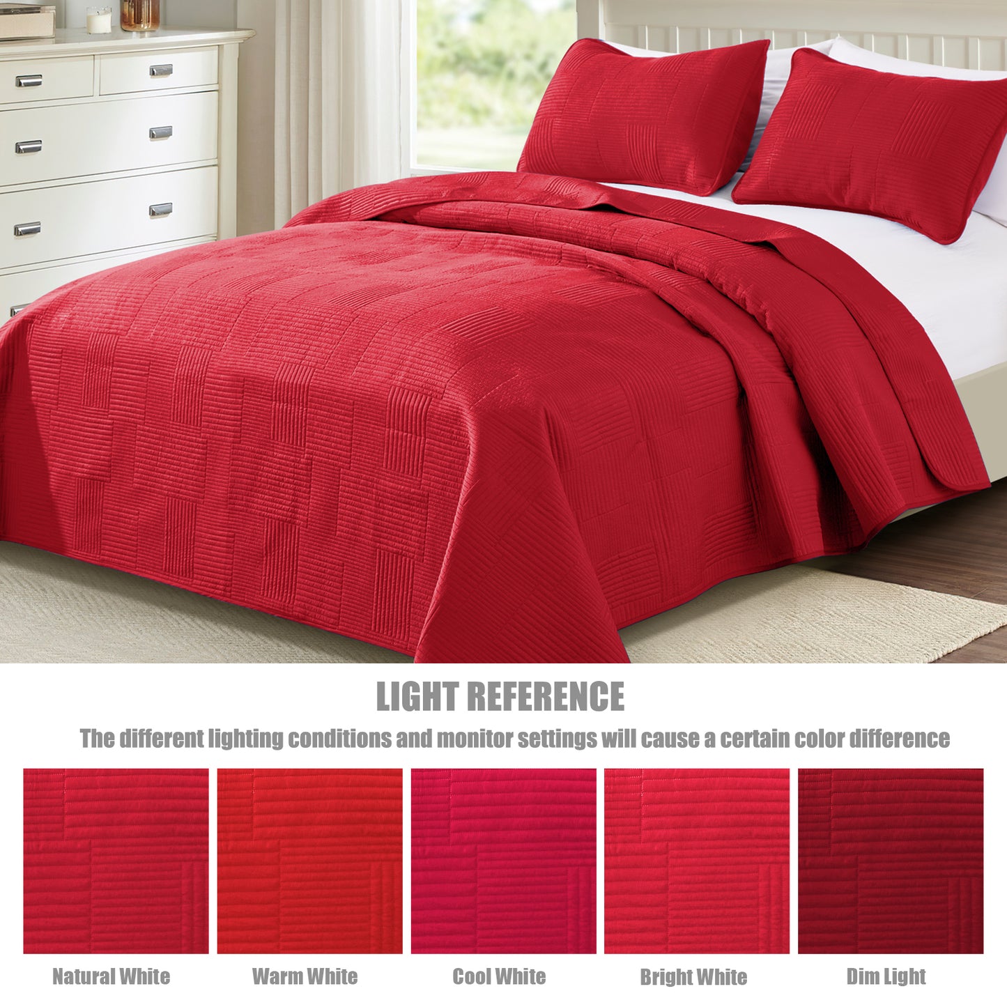 Exclusivo Mezcla King Quilt Set, Soft and Lightweight Bedspreads Coverlet with Striped Pattern, Bedding Sets with 2 Pillow Shams, Reversible Bed Cover for All Seasons, 96x104 Inches,Red Grid
